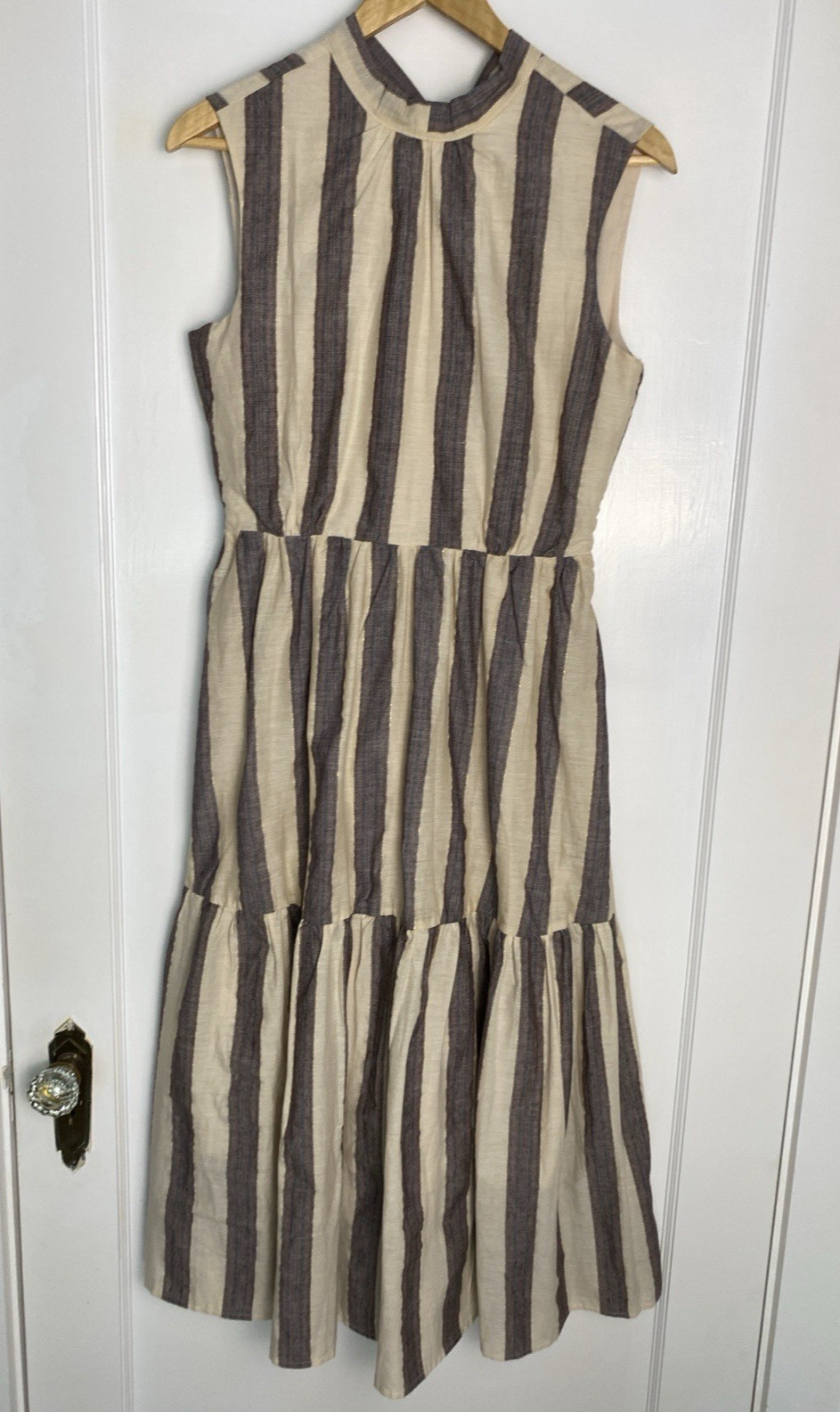 Saint Geraldine Women Dress Size S Stripe Sleeveless Tiered Midi Lined Brown