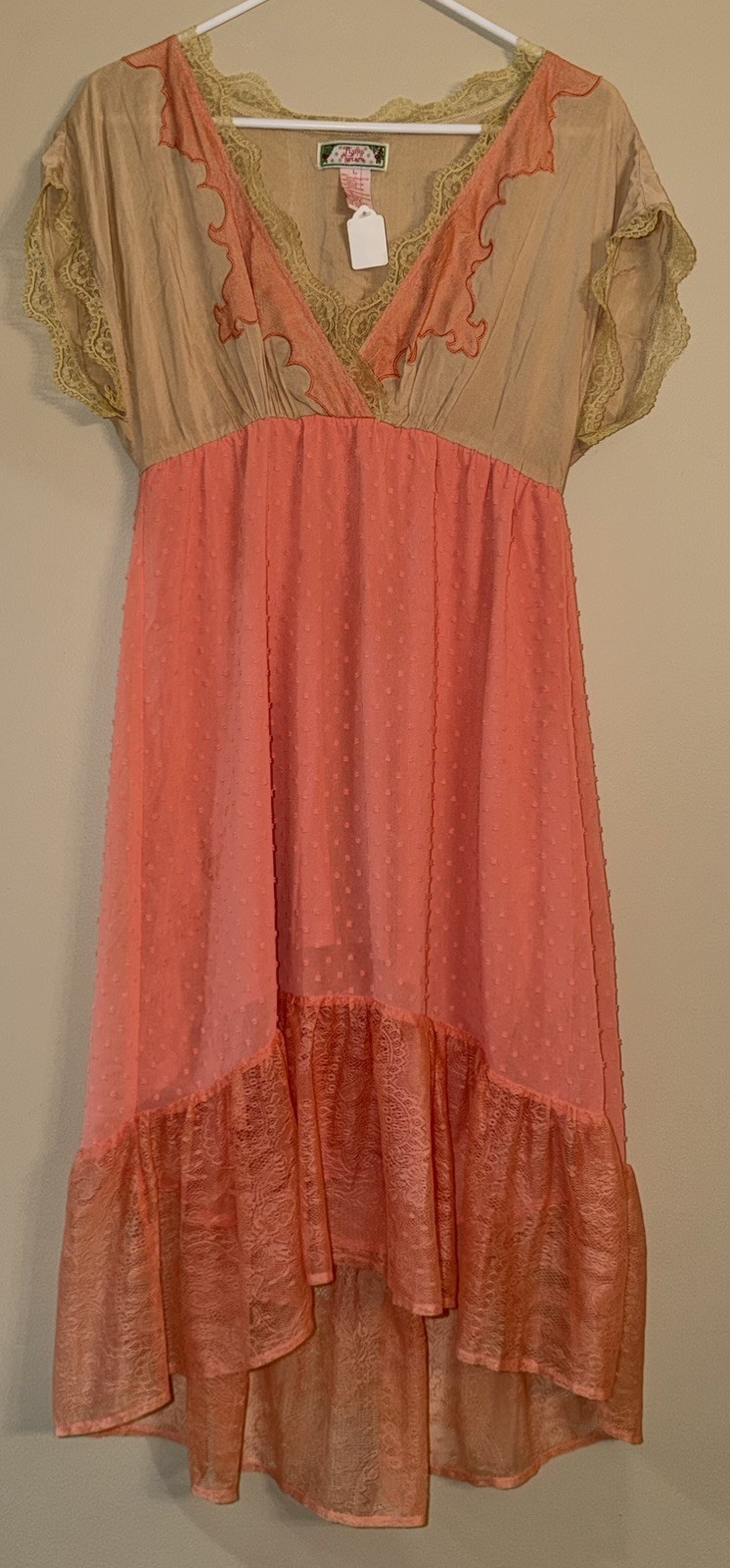 Flying tomato coral and beige maxi dress a high-low hem. Sz L
