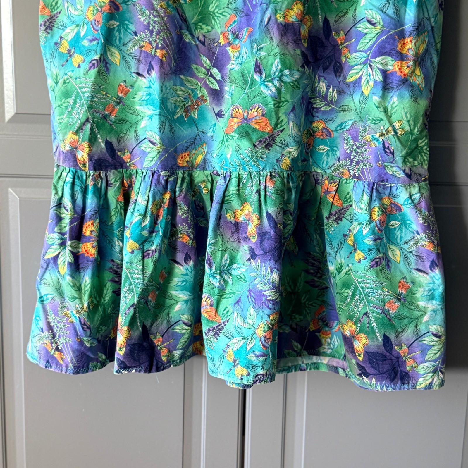 Vintage Whimsy Butterfly Dragonfly Print Drop Waist Sundress, Green Purple,S