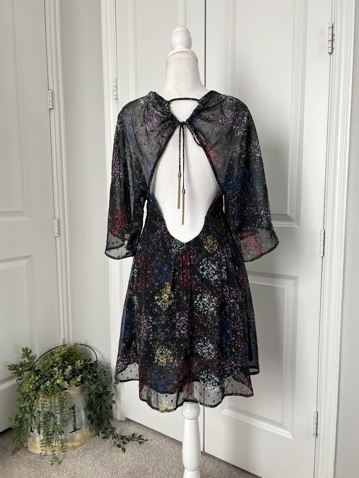 Free People Anna Multi Colored Metallic Mini Dress Printed Smocked Size XS