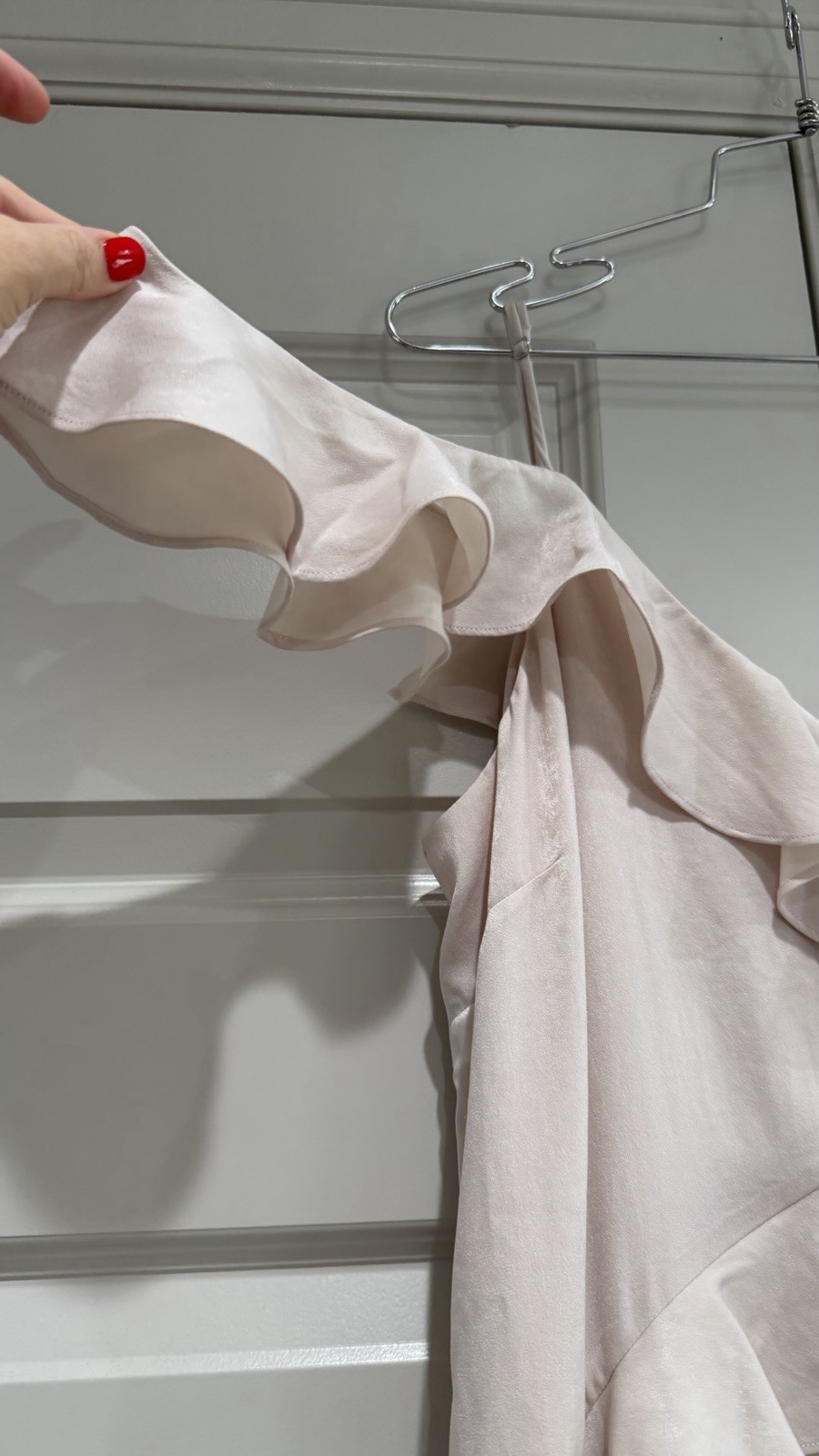 BCBGMaxAzria Off-Shoulder Ruffle Handkerchief Hem Dress in Stone Taupe Beige L