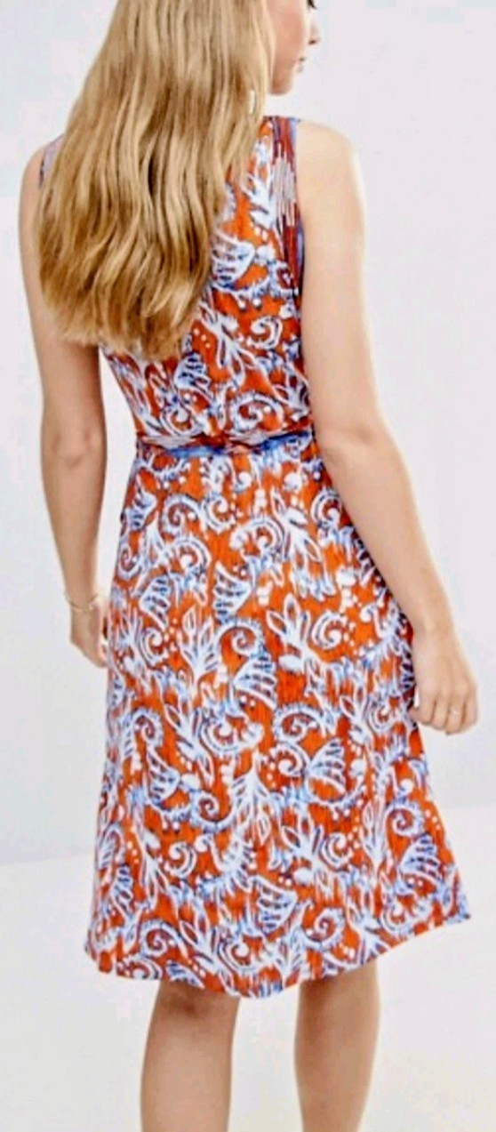 BCBGMAXAZRIA Orange Blue Ikat Print Hallee V-Neck Wrap Tie Dress Size XS