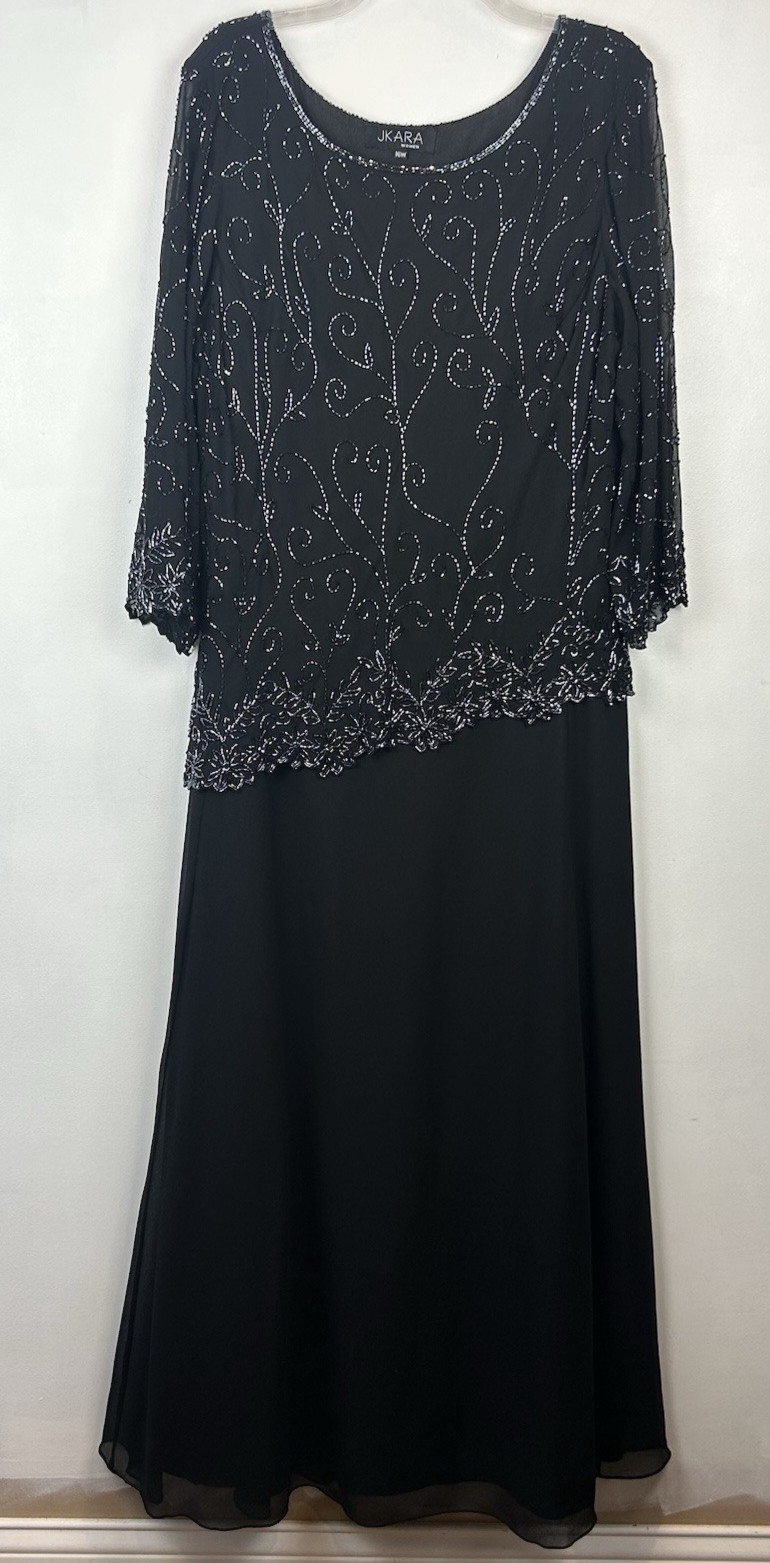 JKARA Evening Gown Womens 16 W Black Chiffon Beaded Wedding Black Tie Event
