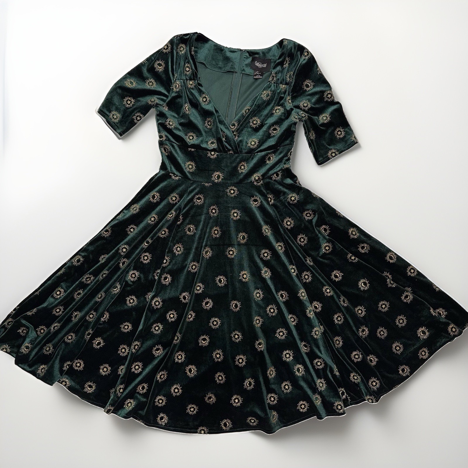 Collectif Dress L 10 Retro Pinup Green Velvet Gold Stars Moon Lunar Celestial