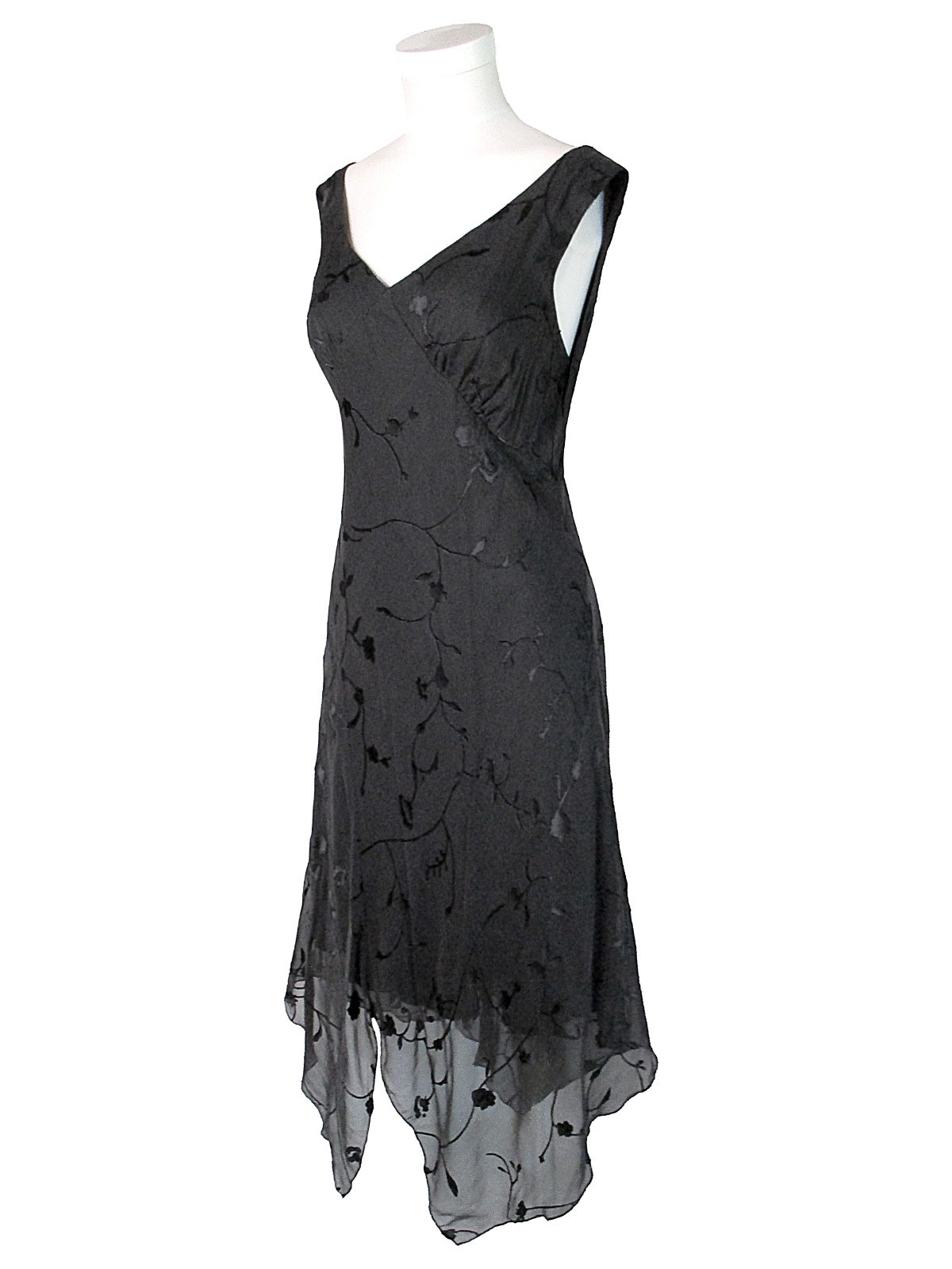 Sz 12 Vintage Y2K 90s Black Floral Burnout Handkerchief Fairycore Gothic Dress