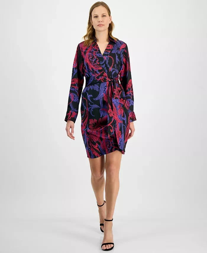 Tahari ASL Printed Faux-Wrap Dress Women’s 2 Black Cobalt Side Zip Closure L/S~