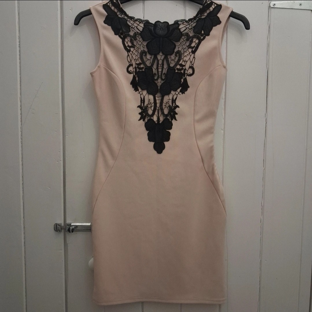 Lipsy London Nude Blush Pink Lace Appliqué Bodycon Dress UK 10 Party Evening