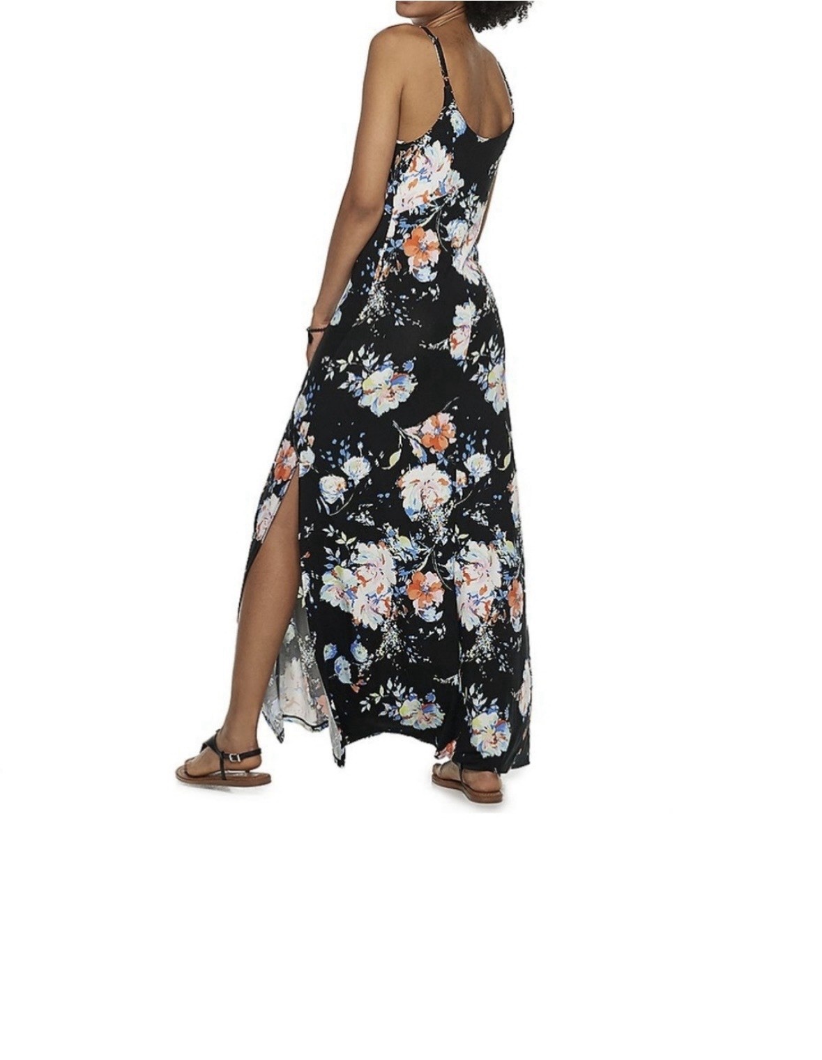 Black Multicolor Floral Maxi Dress Scoop Neck Spaghetti Strap Side Slit M