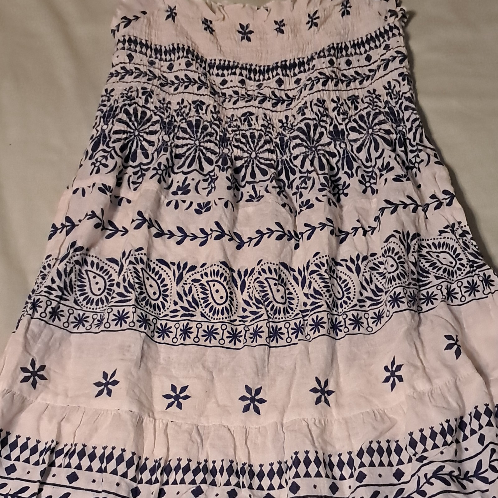 Women’s White & Blue Floral Long Skirt, Regular, Elastic Waist