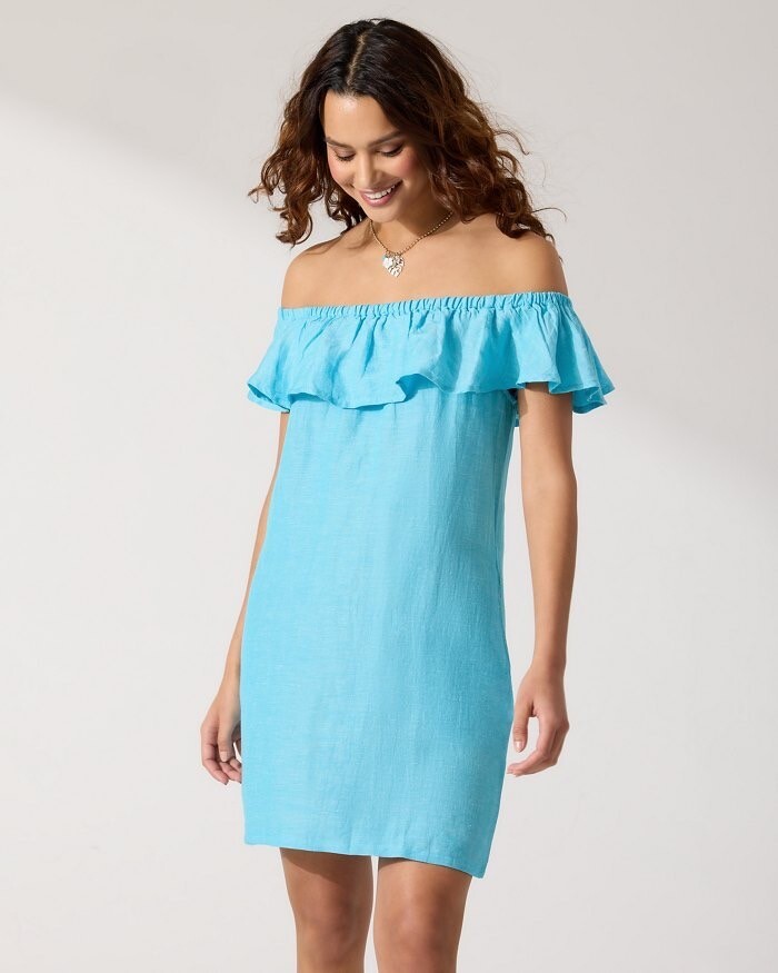 NEW Tommy Bahama Blue Linen Blend Off Shoulder Dress with Pockets Size XS