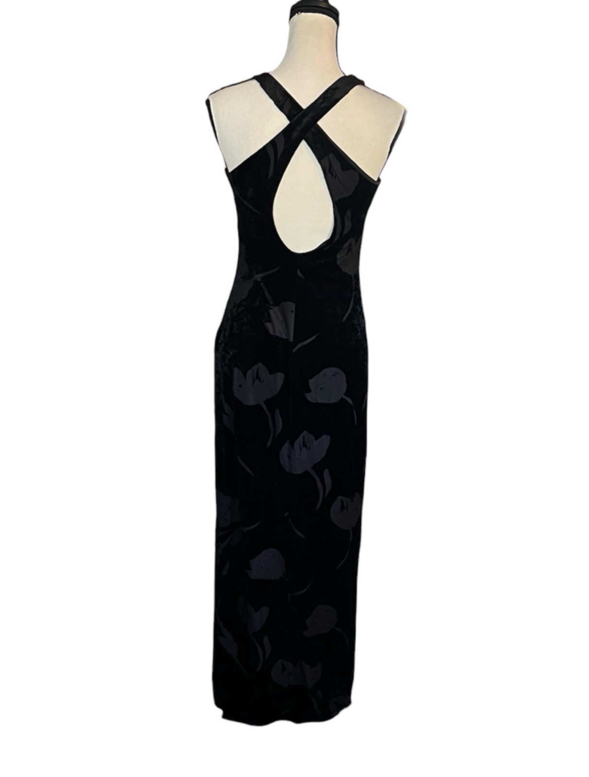 Vintage 90s Laundry Shelli Segal Velvet Sheer Mesh Tulip Floral Maxi Slip Dress