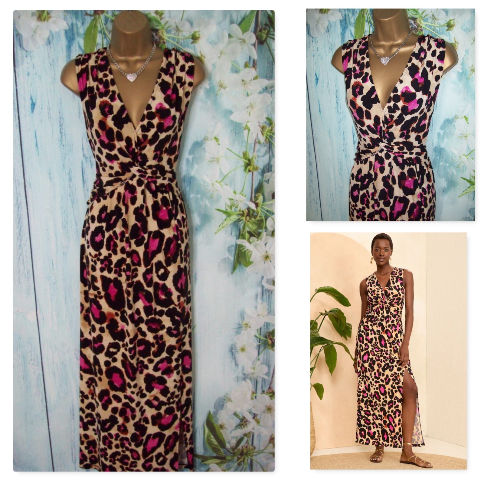 New Next Love & Roses Leopard Print Maxi Dress Size 18 Jersey Twist Holiday