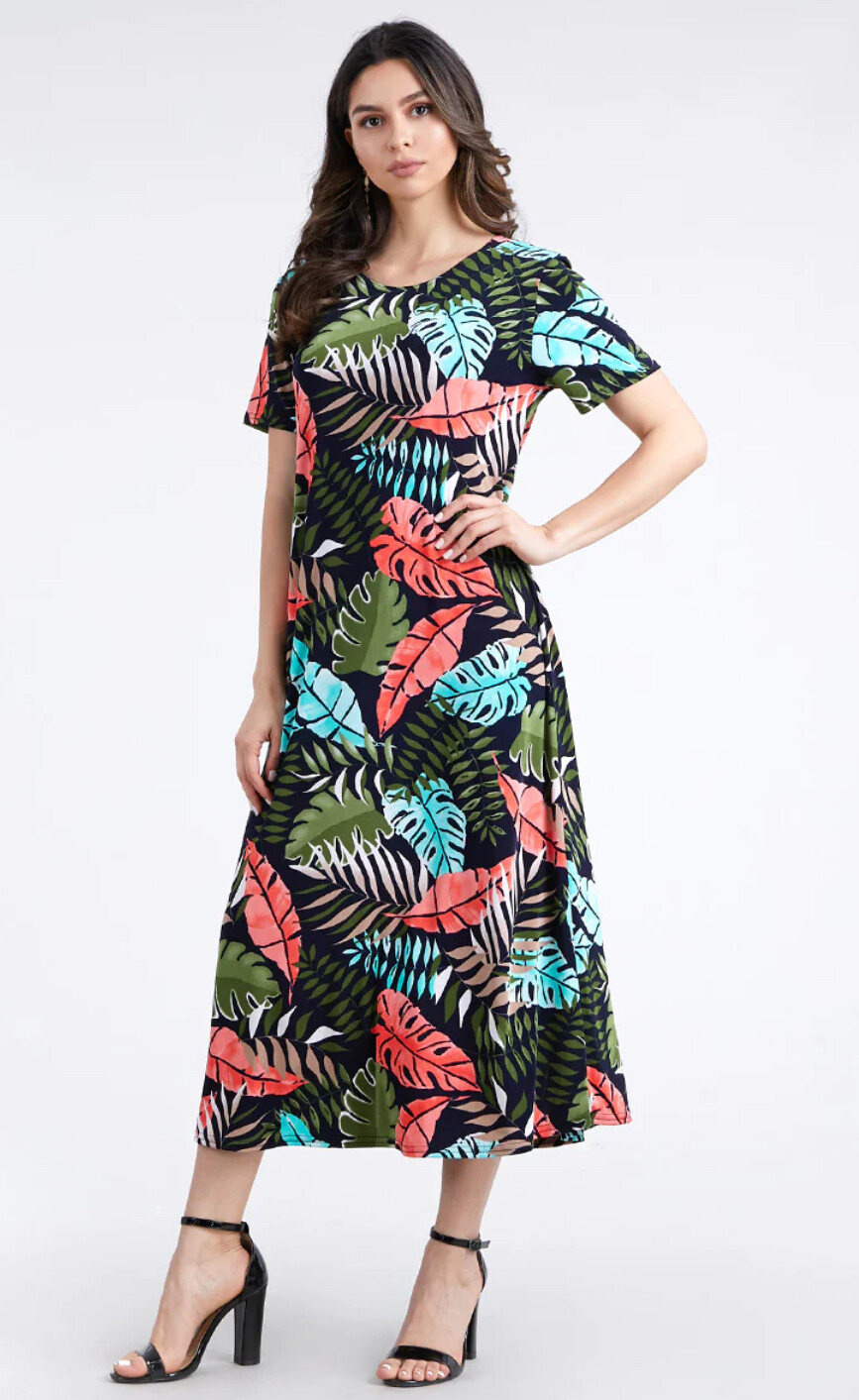 JOSTAR LONG DRESS Poly Spandex Slinky Knit TRAVEL OLIVE FLORAL S M L XL 2X 3X