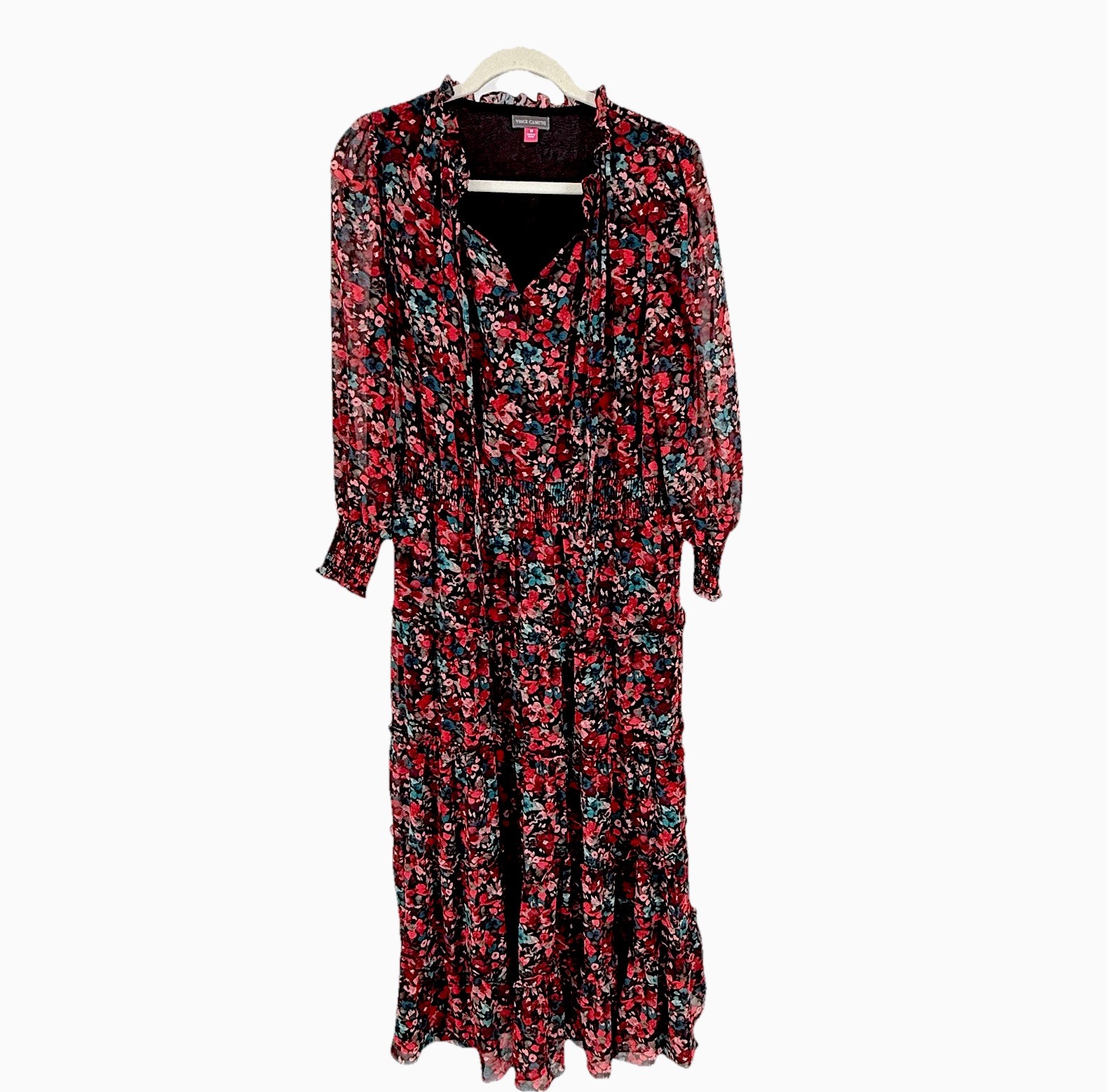Vince Comuto Maxi Dress Medium Tiered Floral Ruffles Sheer Peasant Fairy Boho