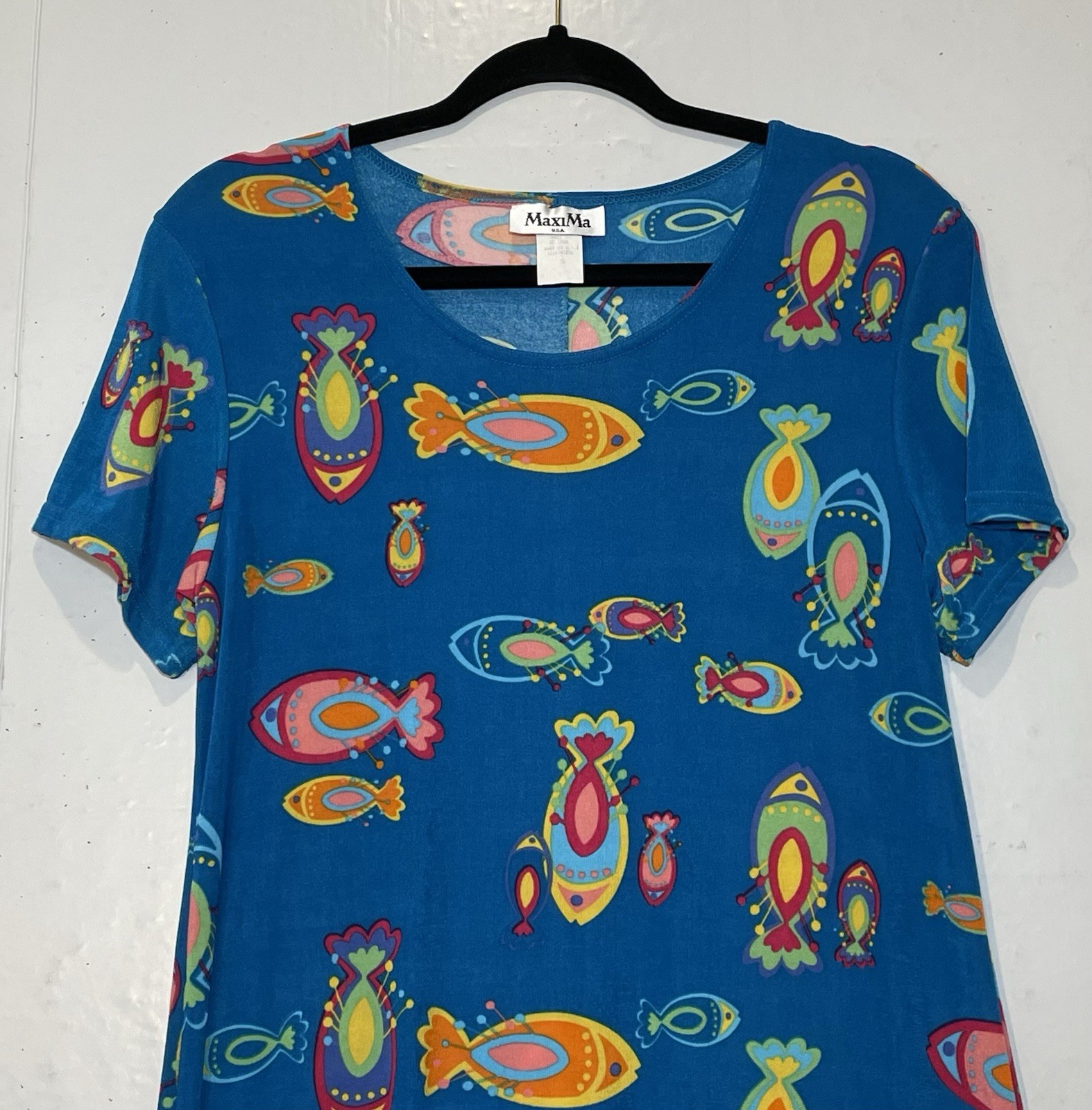 Vintage MaxiMa Blue Fish Print Maxi Dress Size S Colorful Artsy Stretch Knit
