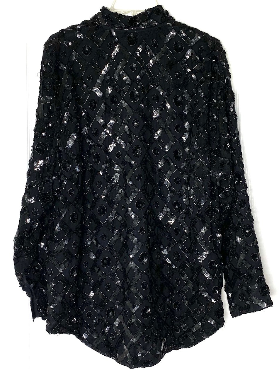Creative Creations Black Sequin Beaded Embellished Silk Shirt-Dress Jacket LARGE