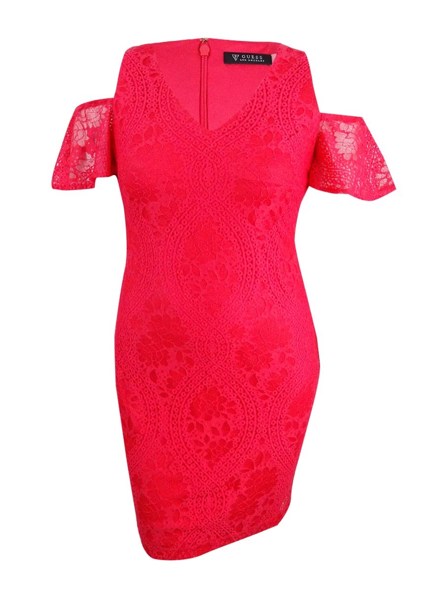Guess Women’s Lace Cold-Shoulder Sheath Dress (2, Strawberry)
