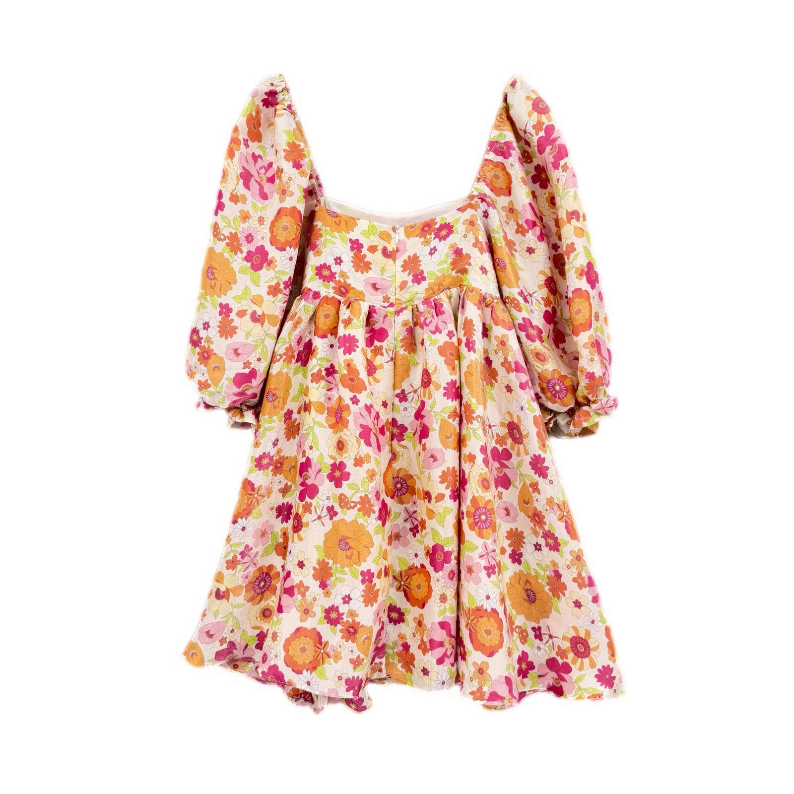Storia M White Pink Shiny Floral Square Neck Puff 3/4 Sleeve Babydoll Mini Dress