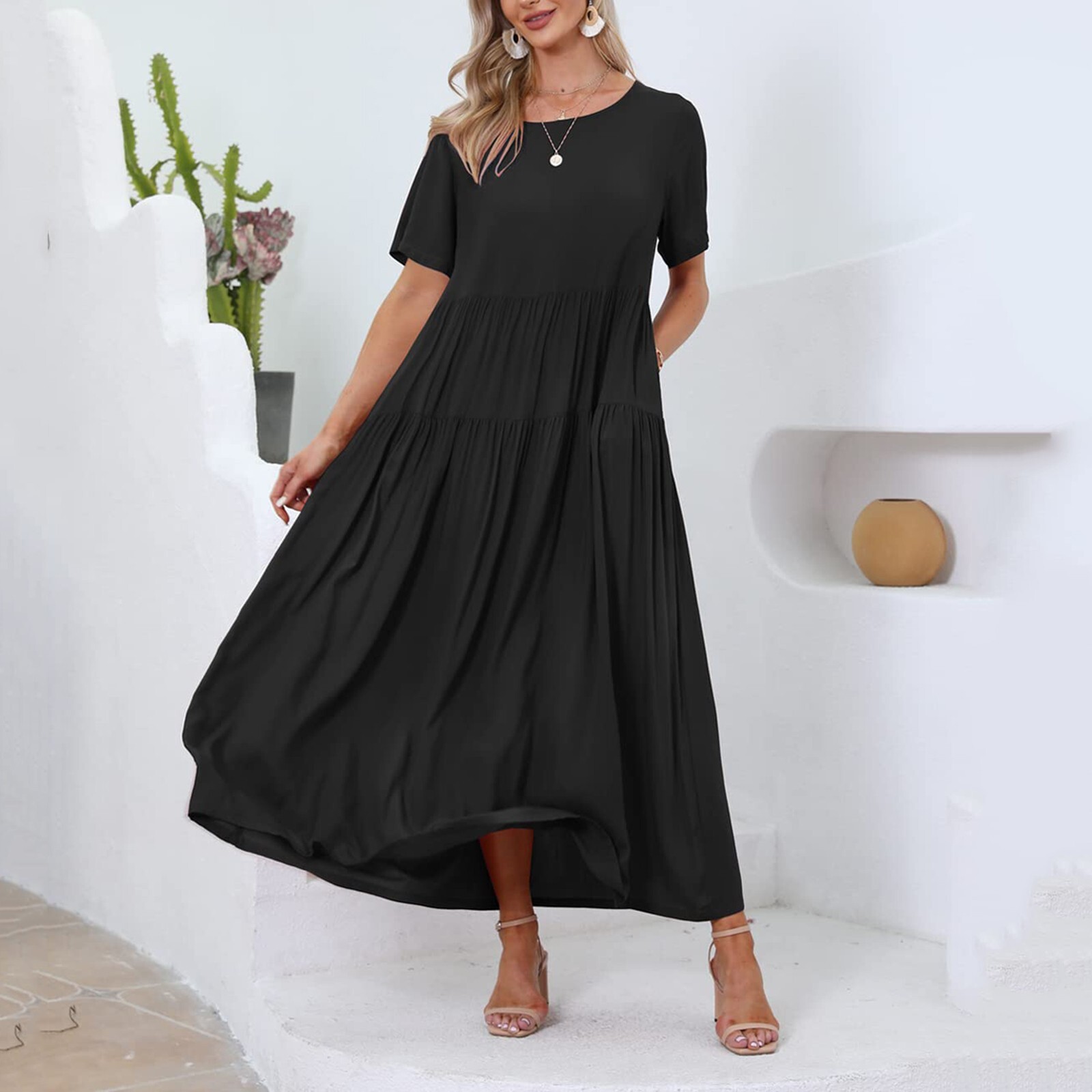 Womens Summer Casual Loose Bohi Dress Short Sleeve Long Maxi Beach Swing Dress