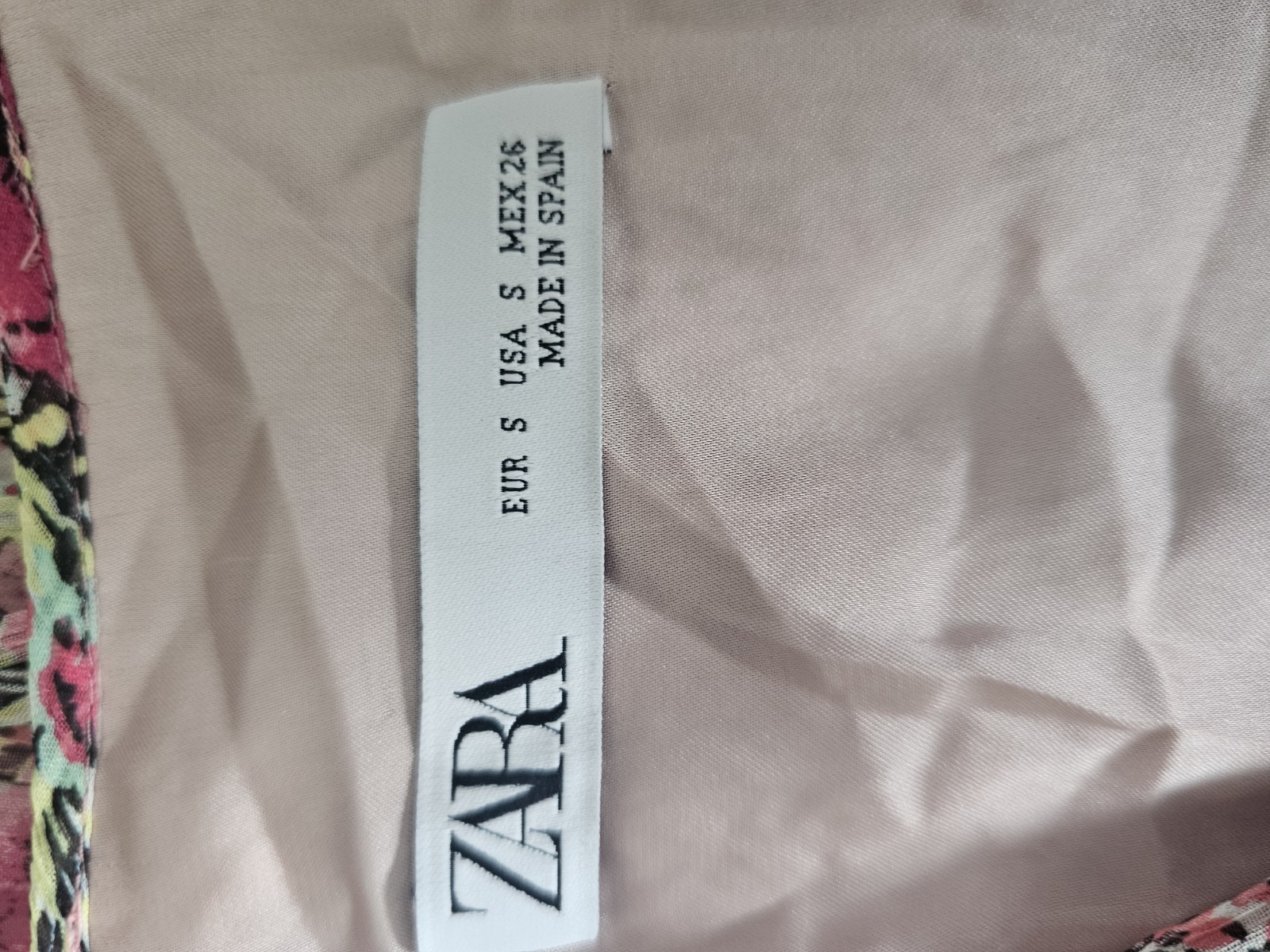 ZARA Pink Green Beige Floral A-Line Mini Dress V-Neck Ruffle Tie Short S