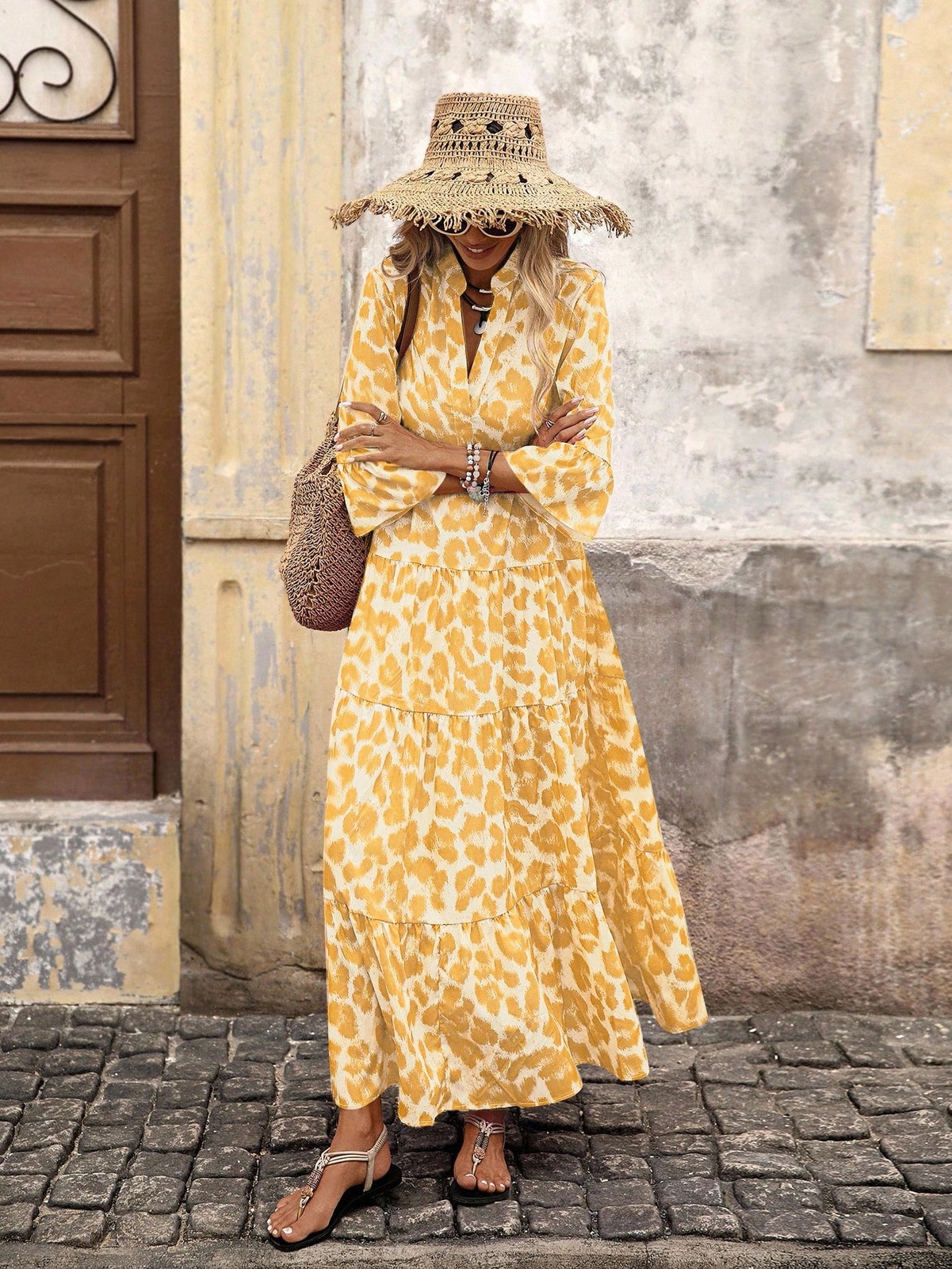 Cute Women’s Yellow Ruffle Hem Long Dress