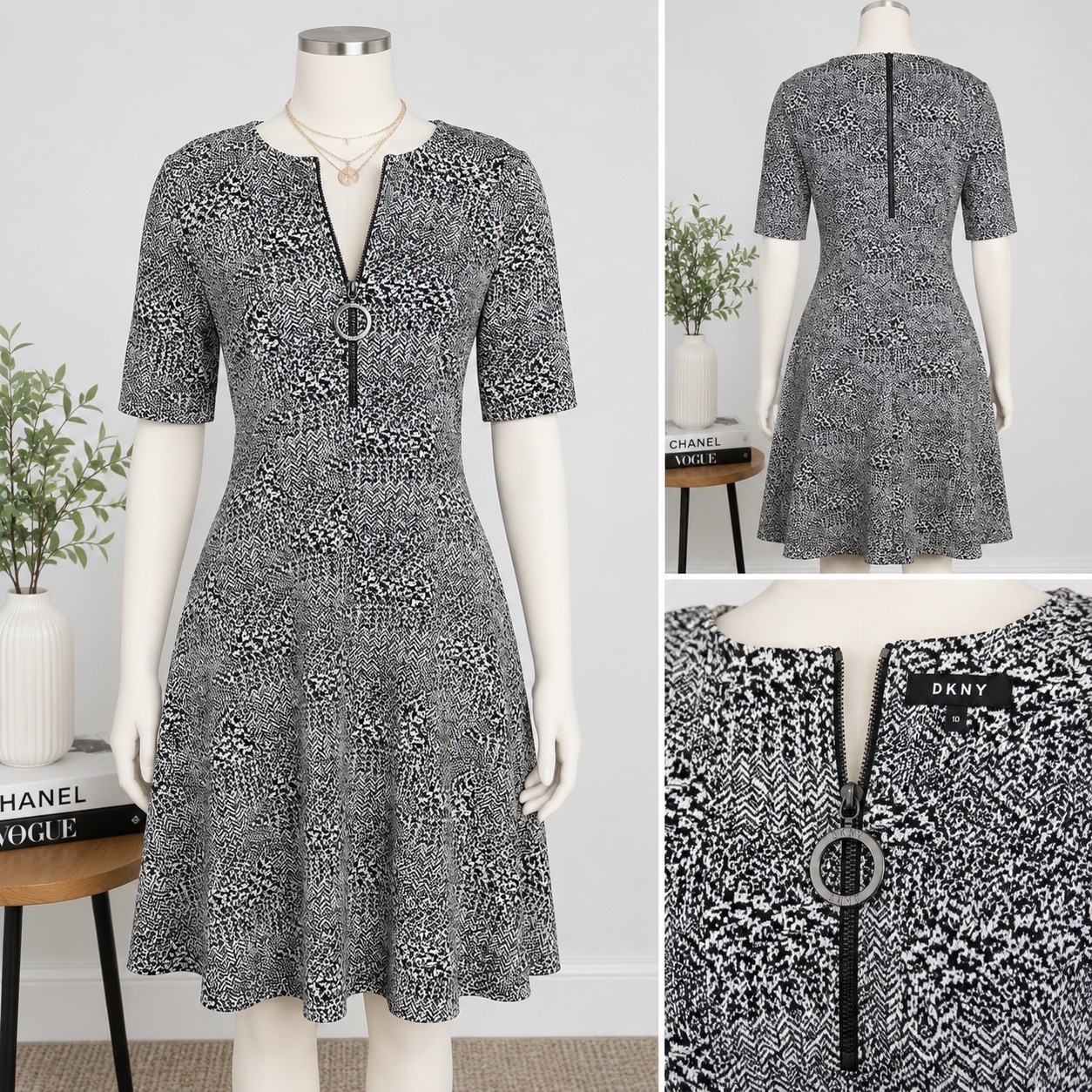 DKNY Black White Fit & Flare Dress S 10 Zip Ring Pull Textured Knit Midi Office