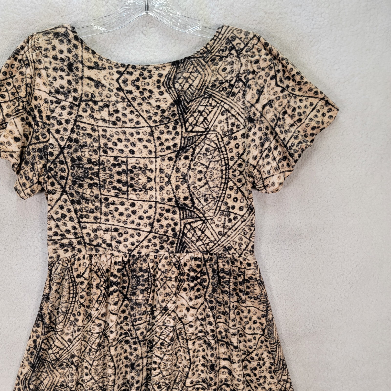 Vtg 90s Max Edition Beige Retro Print Jersey Stretch A Line Womens Dress Size M