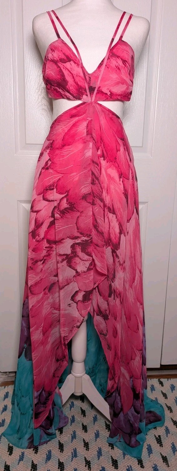 Luxxel Dress Size Medium Strappy Cut Out Sides/Back Hi/Lo Sheer Lined Resort