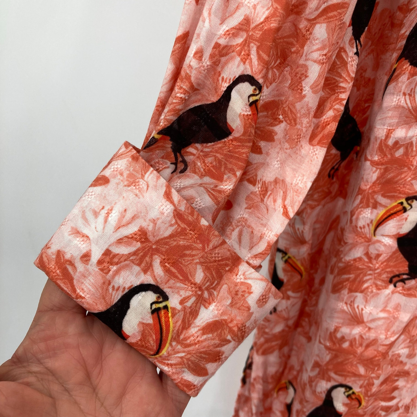 Jane & Delancey Peach Toucan Tropical Gauze Tunic Abalone Button Shirt Dress L