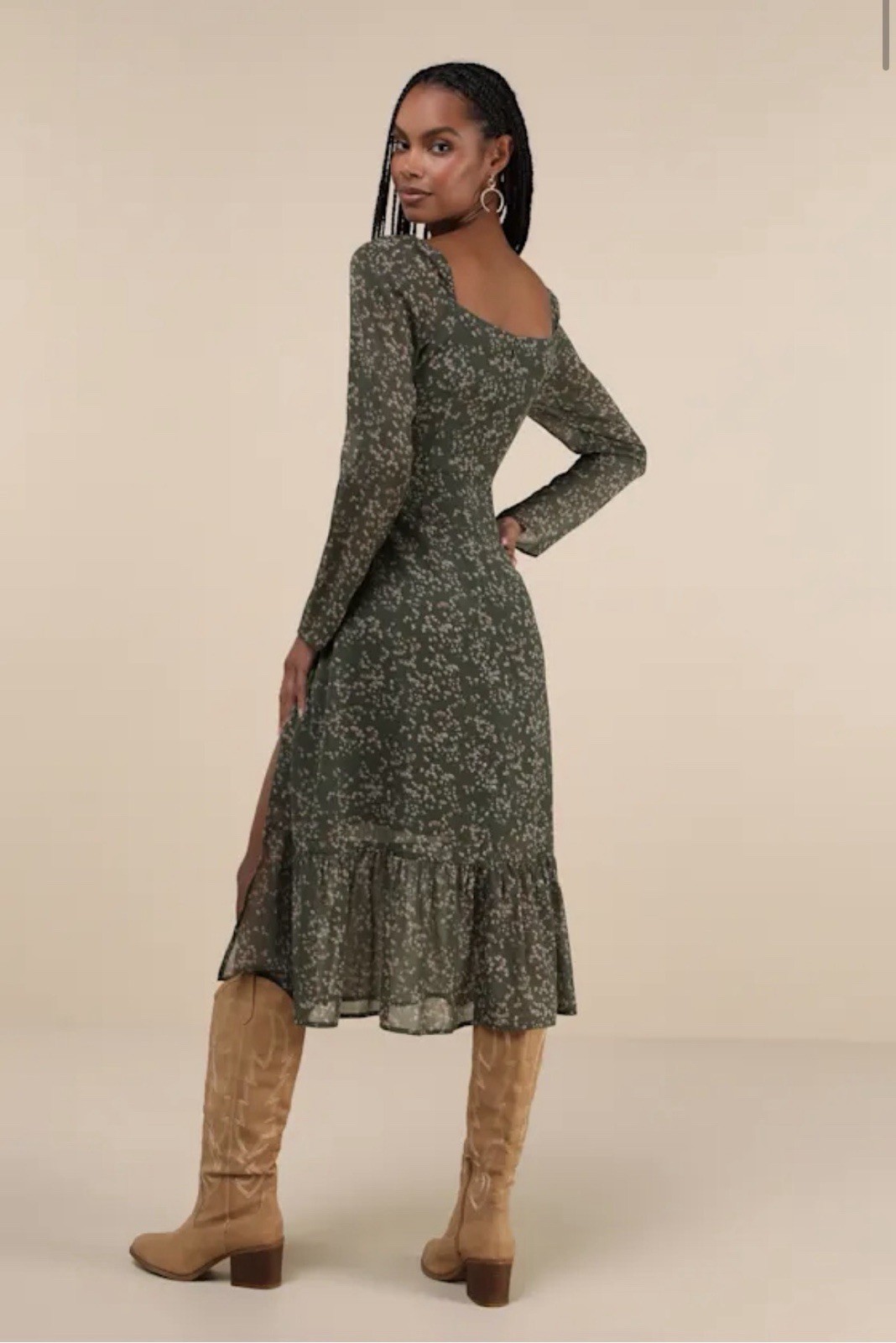 Lulus Size L Perfectly Elevated Green Floral Long Sleeve Midi Dress Cottagecore