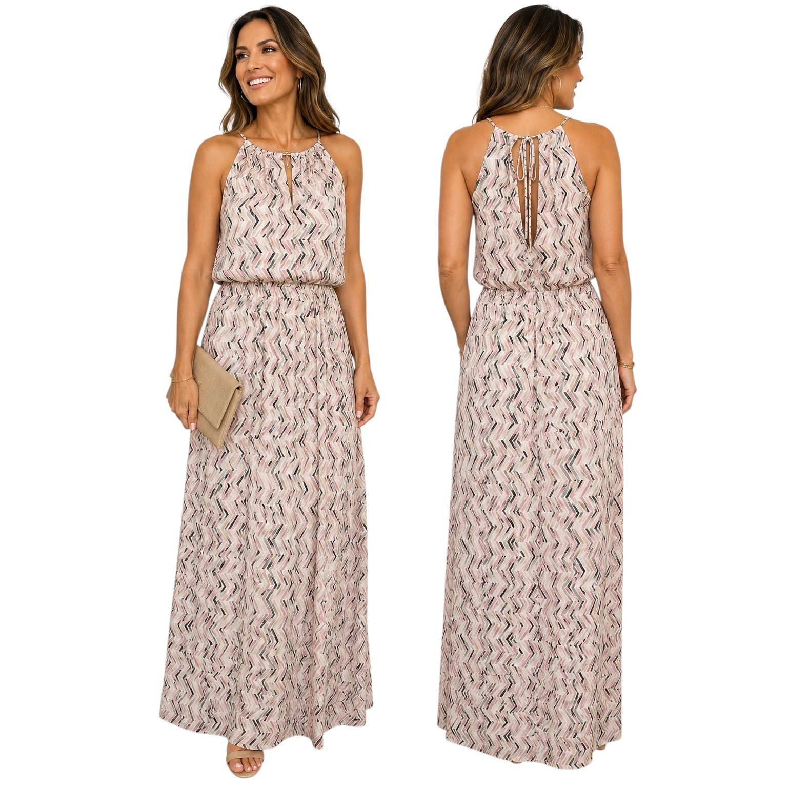 White House Black Market Chevron Halter Maxi Dress Pink Tan Size 8 Sleeveless