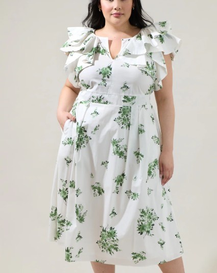 SugarLips Ria Floral Santana Tie Back Midi Emerald White Dress Plus Size 2X