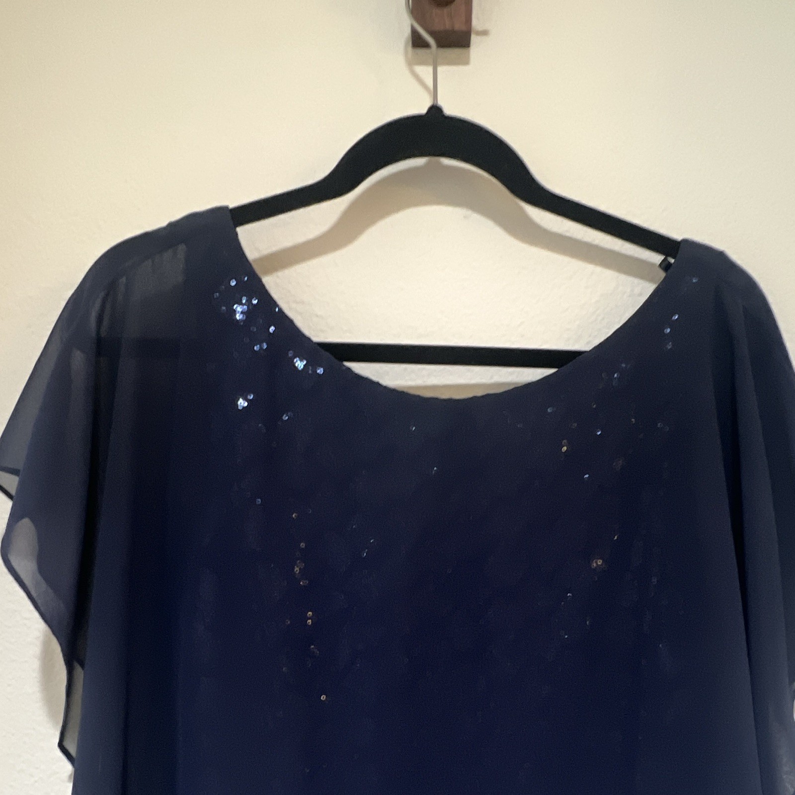 Laundry By Shelli Segal Navy Sequin Chiffon Overlay Sheath Scoop Knee 6