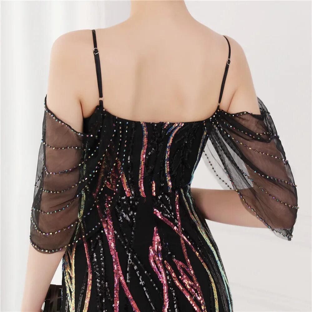 Women Performance Mesh Green Elegant Beading Evening Sequin Maxi Long Prom Dress