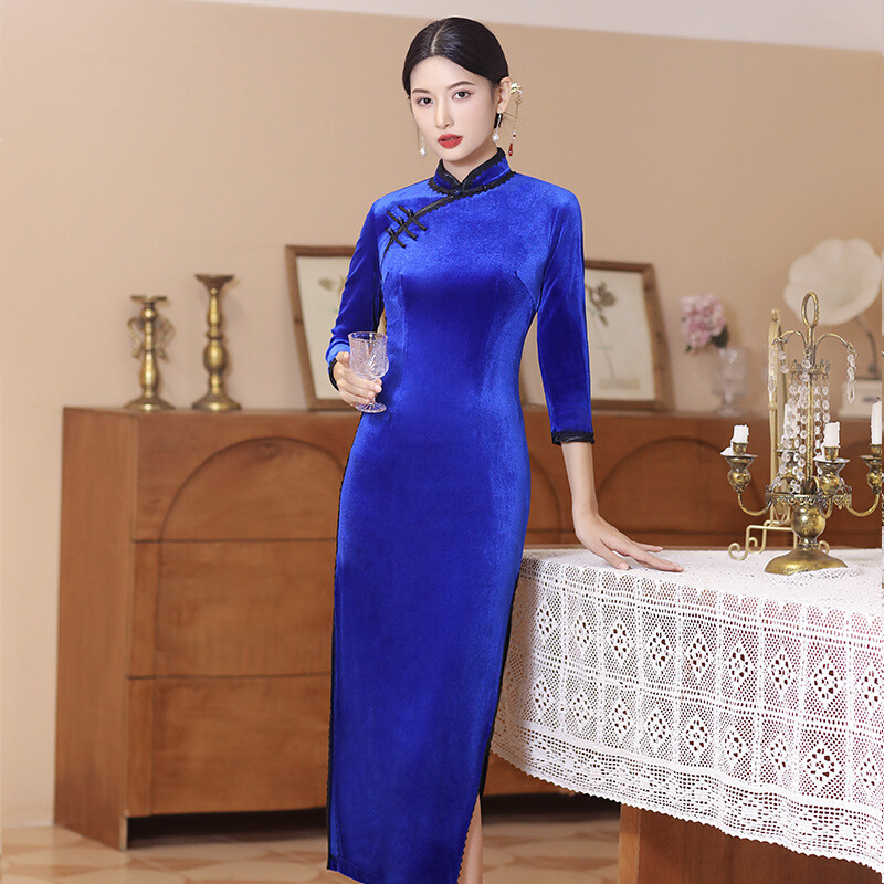 2024 Autumn Winter Qipao Dress Chinese Velvet Long Cheongsam Women Party Gown