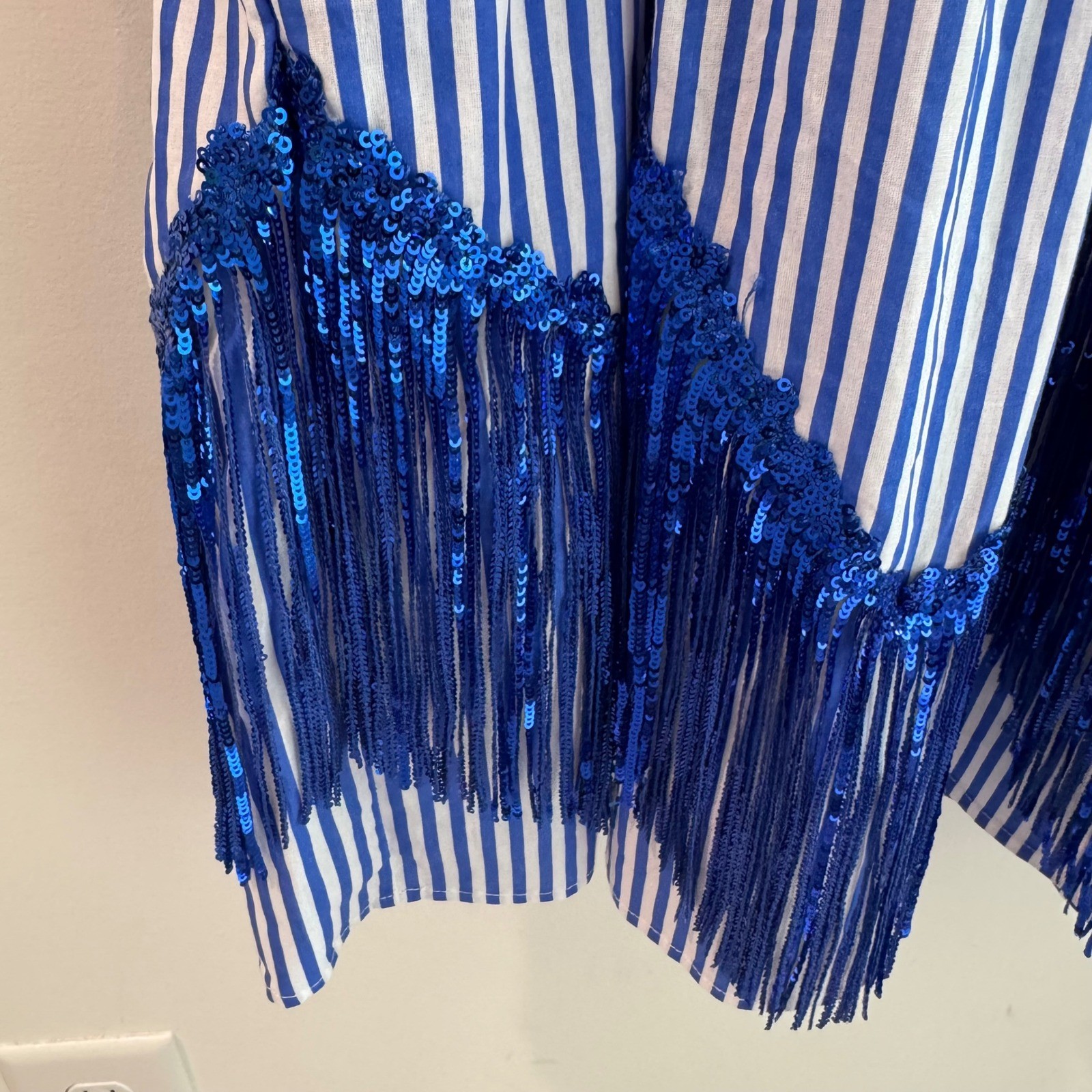 Fantastic Fawn Blue Striped Sequin Puff Sleeve Fringe Tiered Mini Dress Medium