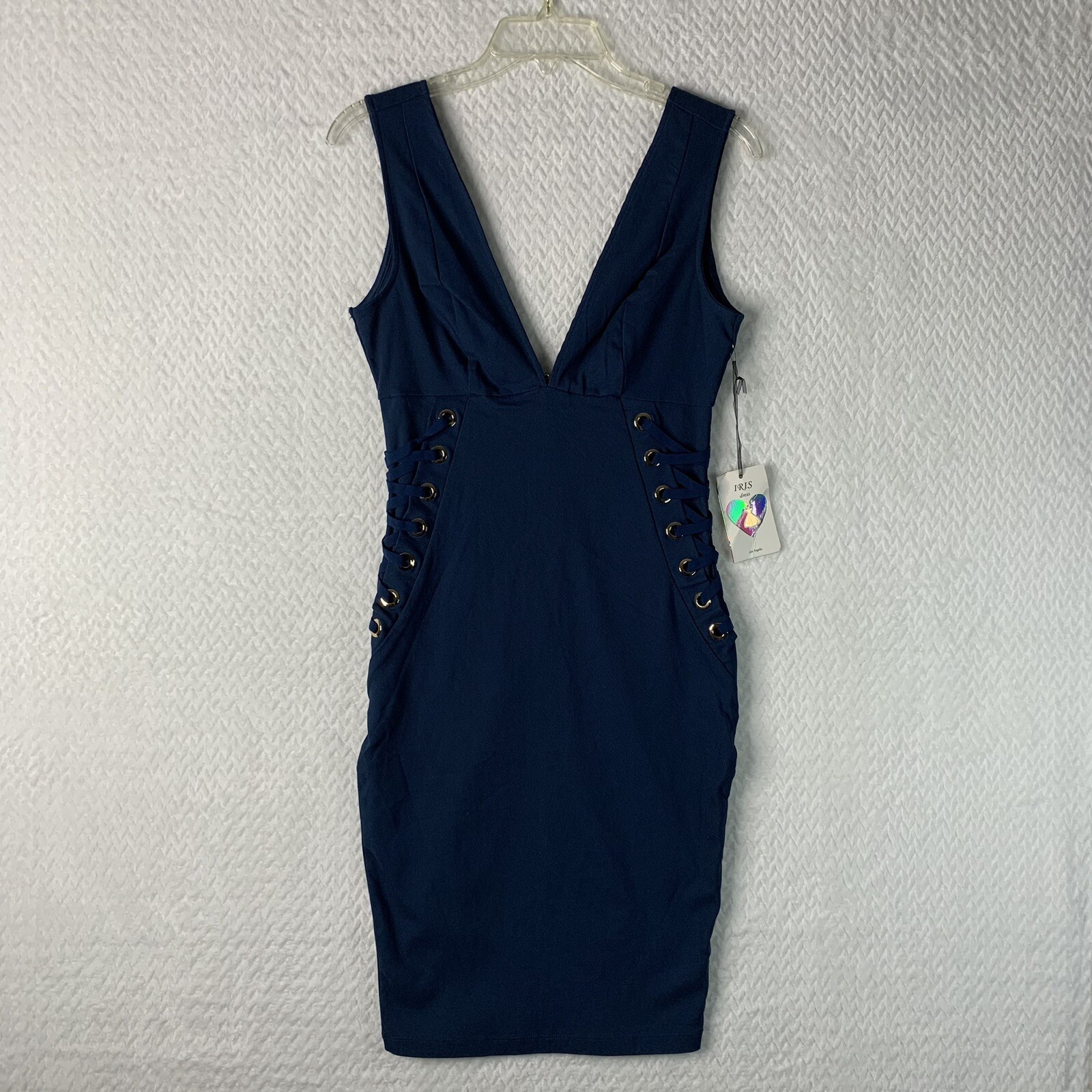 Iris Dress Blue Green Knit Bodycon Fitted Stretch Party Lace Up Side SzMedium