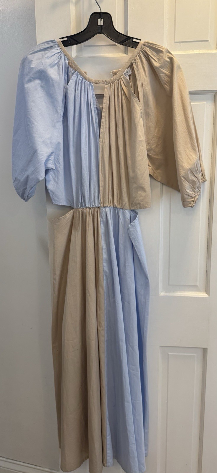Mudpie Spring/Summer Dress Tan. Light Blue Elastic Waist Puff Sleeves size M