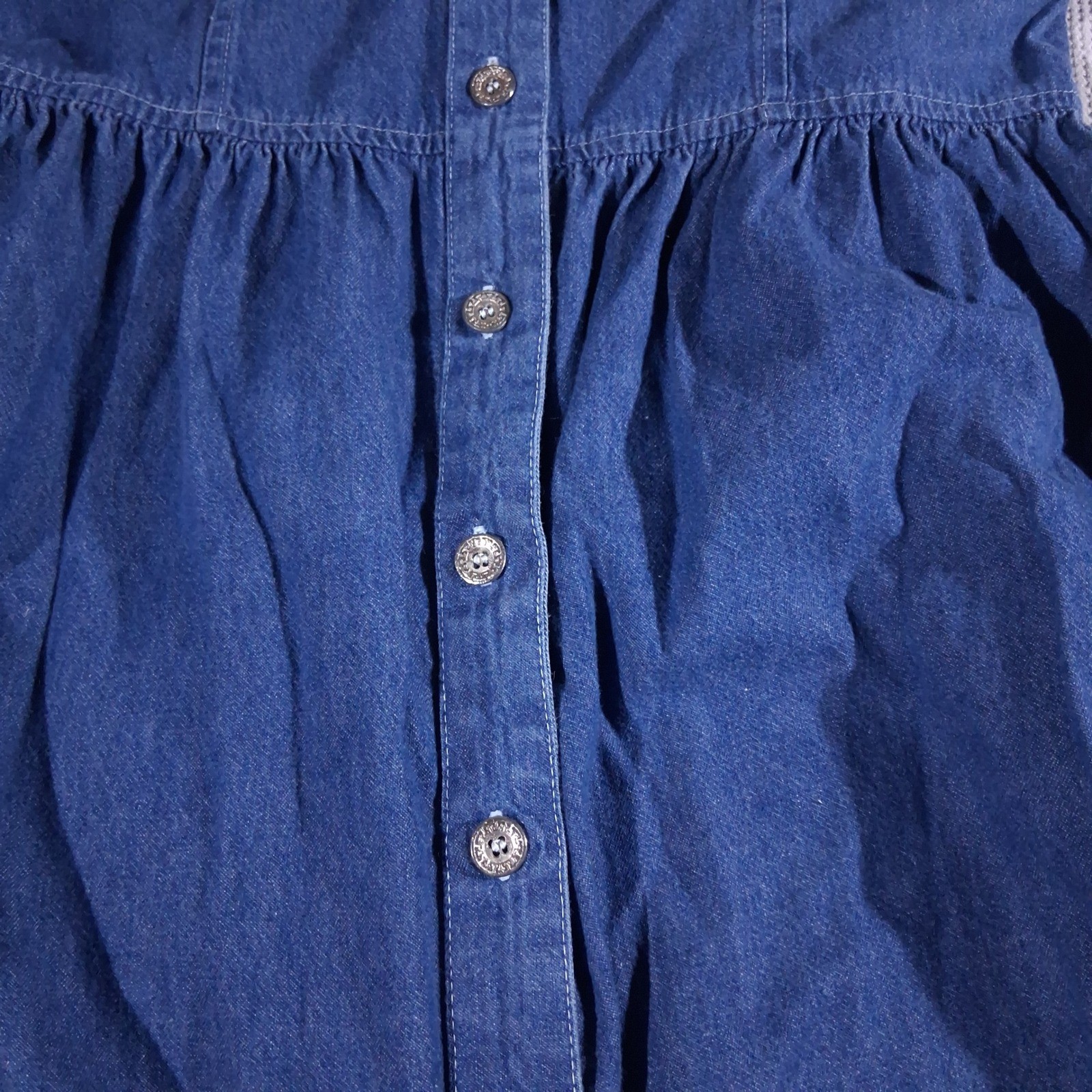 VTG Blue Cotton Embroidered Neck Button Front Midi Country Cottagecore Dress LG