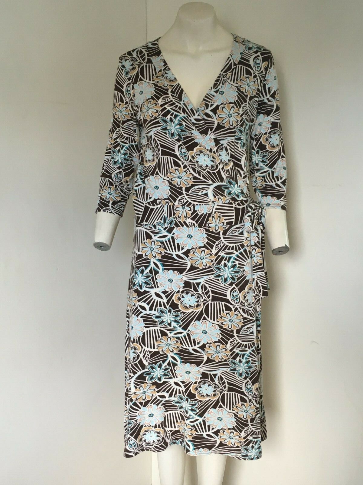 FANTASTIC!! Brown/Cream/ Blue Wrap Floral Dress By Red Herring – Size 14 Euro 42