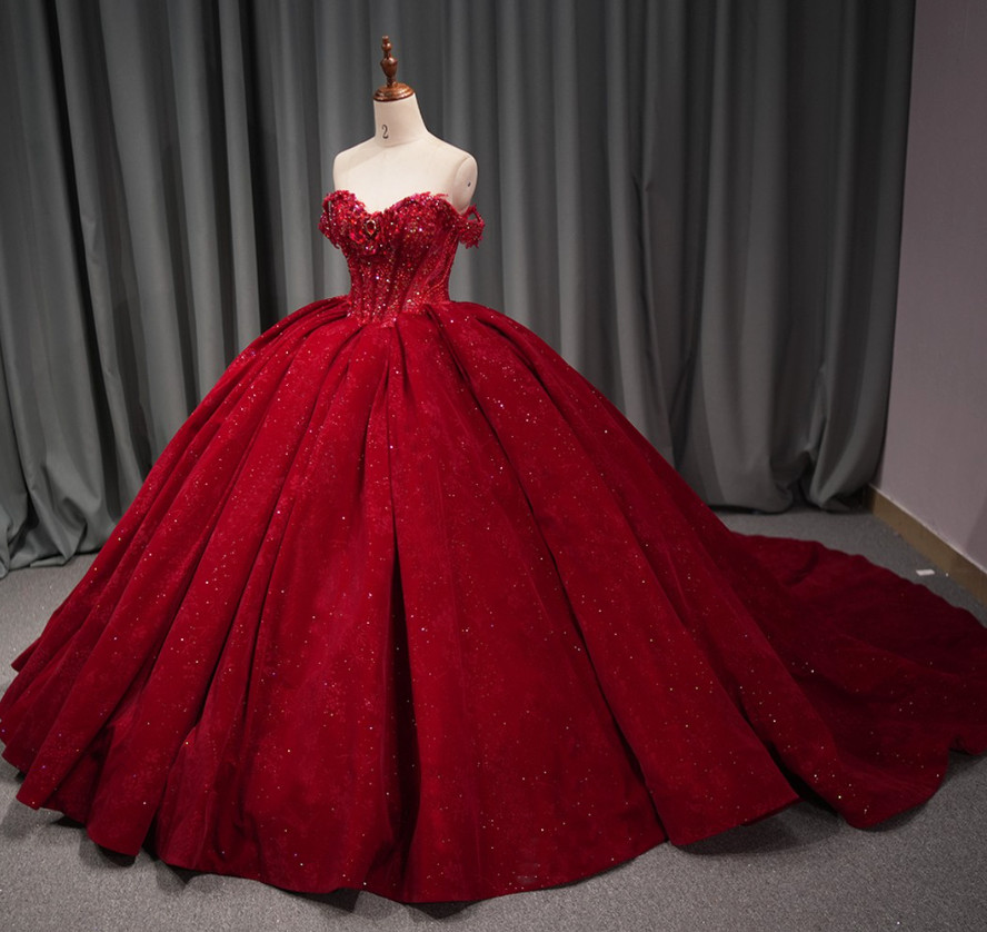 Red Quinceanera Dresses Glitter Sweet 16 Off Shoulder Pageant Party Ball Gowns