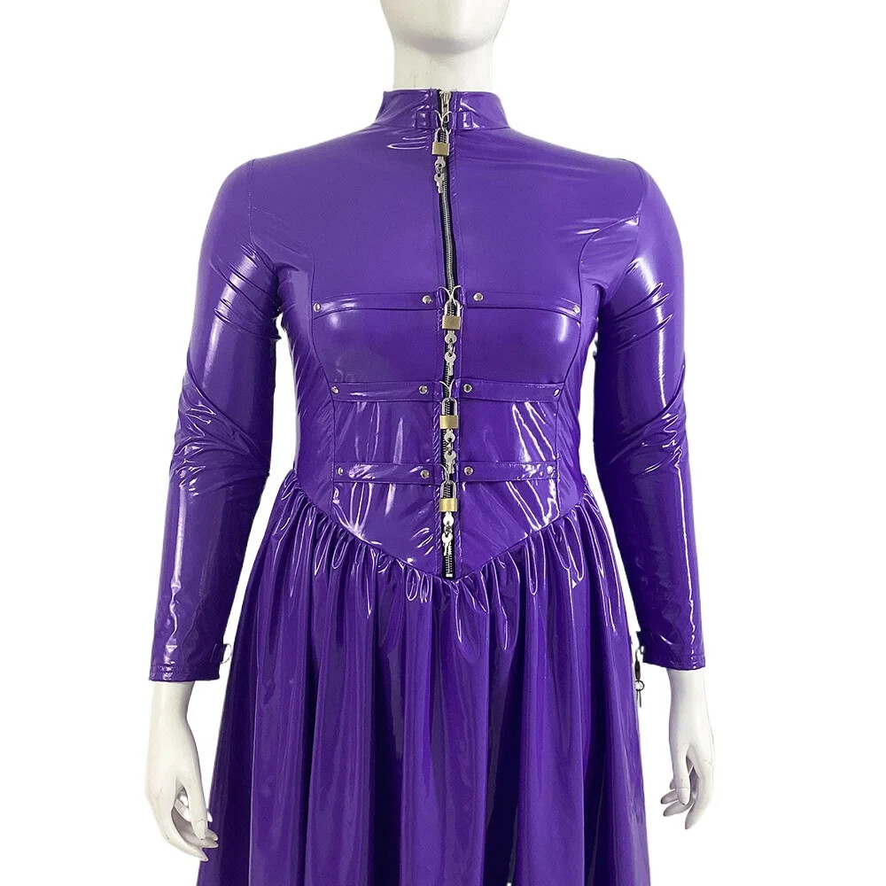 Lockable Spandex PVC Leather Long Dresses Exotic Party Wetlook Pleated Dress