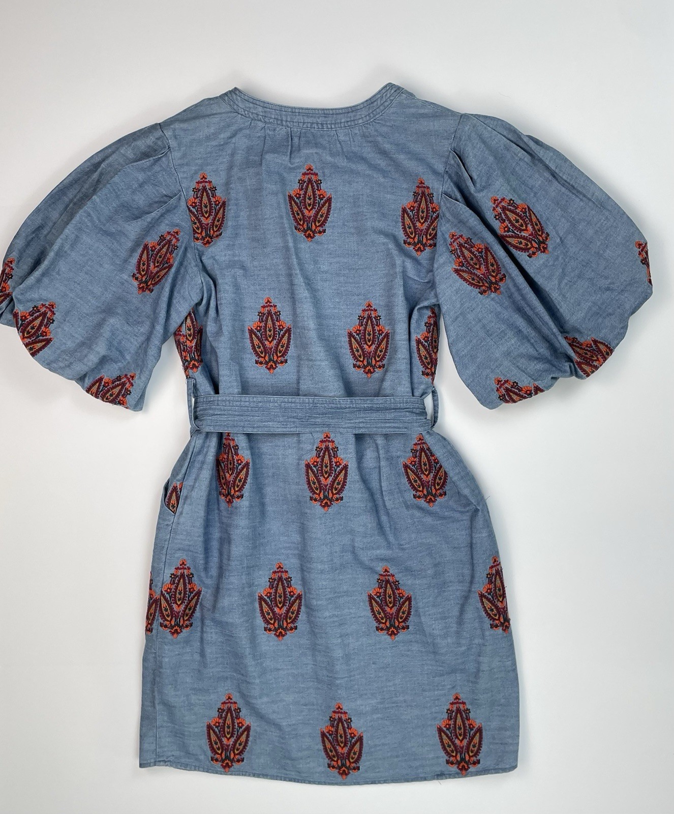 NWT A Loves A Embroidered Chambray Balloon Sleeve Banded Collar Belted Dress XS
