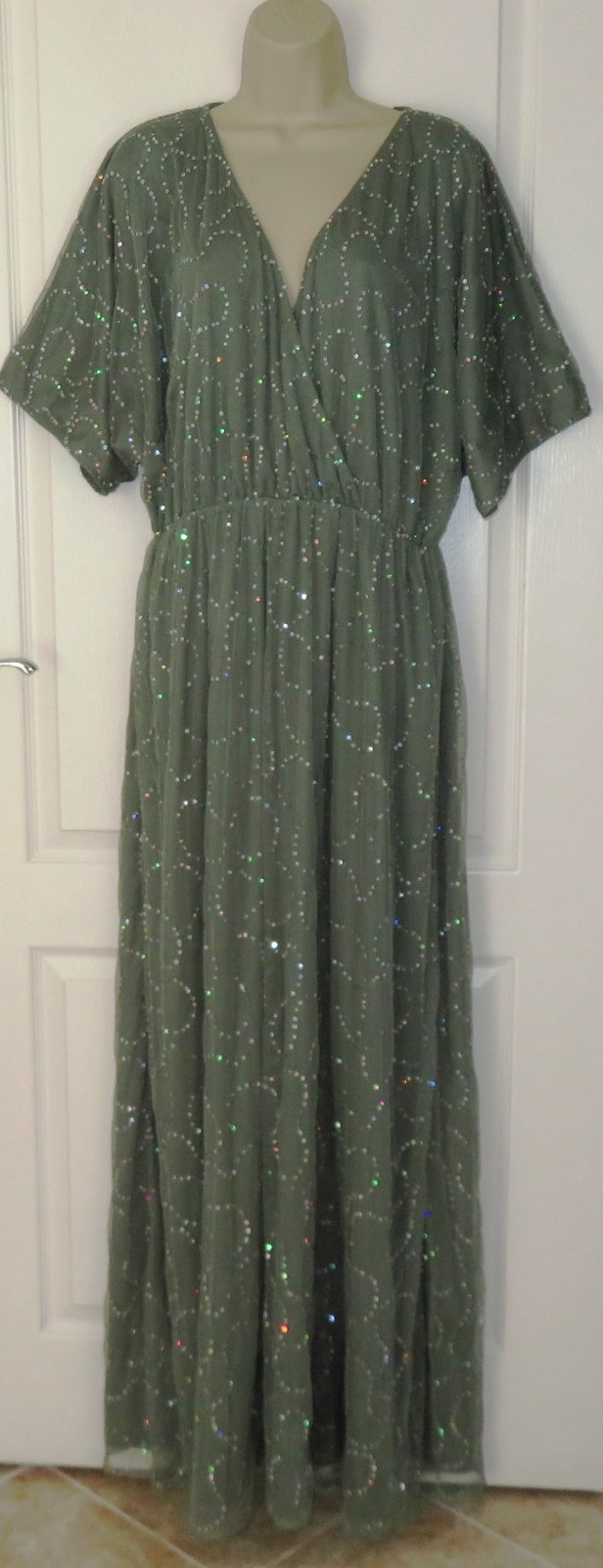 BOOHOO Womens Khaki Green Sequin Lined Lace Maxi Dress Plus Size 20 Evening Part