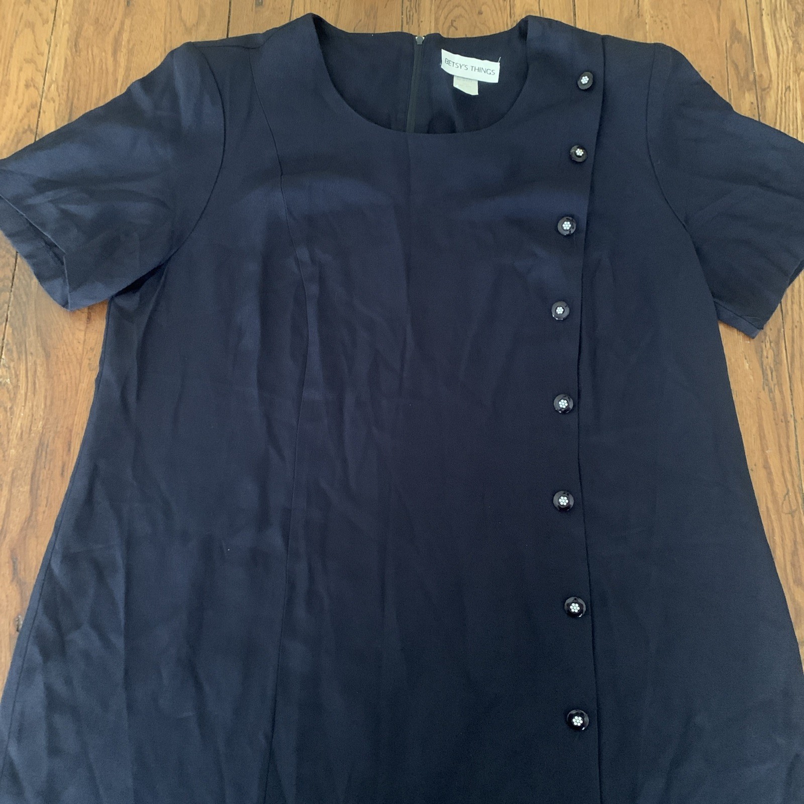 Vintage 80s 90s Shirt Dress Plus SZ 22 Midi Navy Blue Faux Side Buttons Rayon