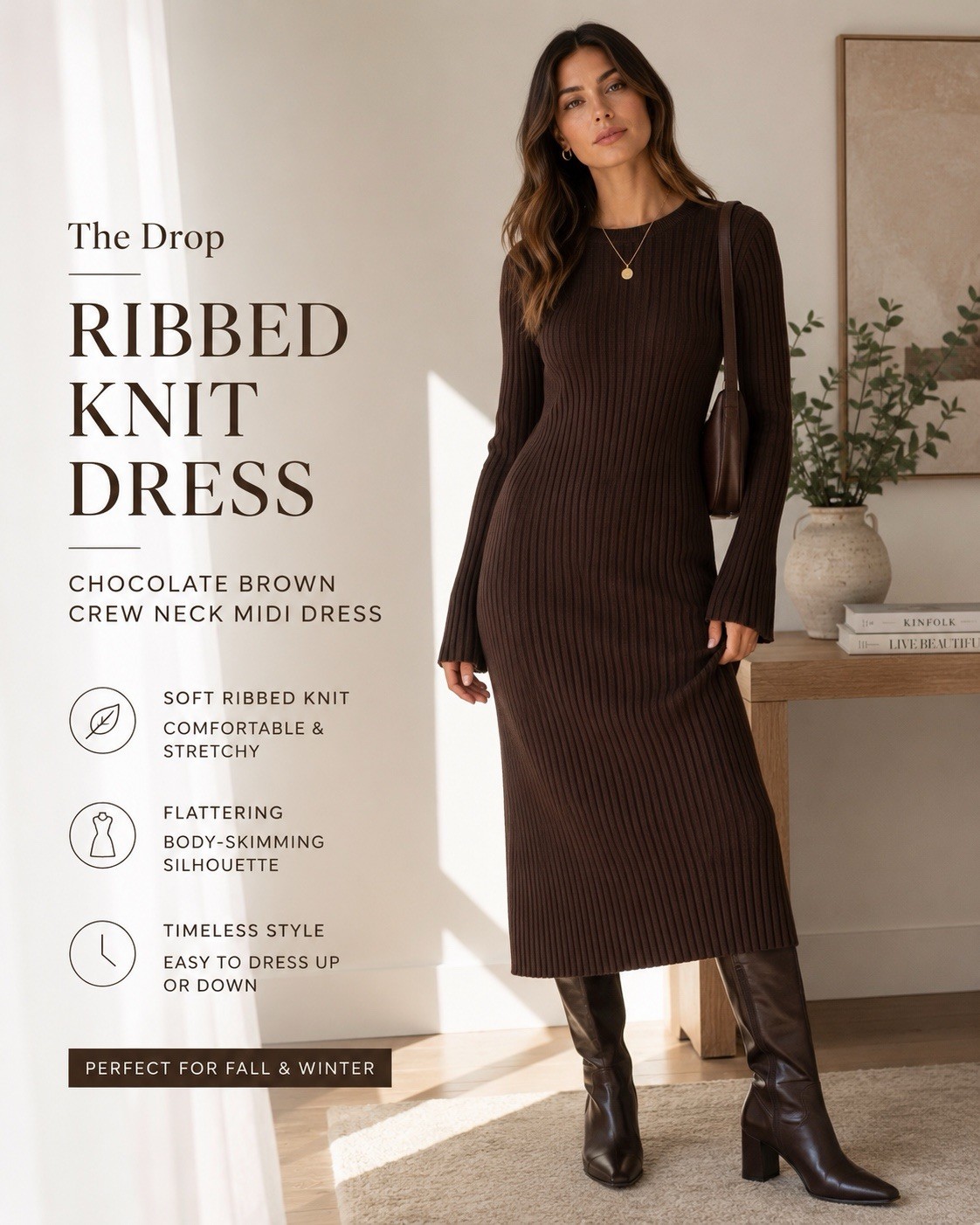 The Drop Brown Ribbed Knit Midi Sweater Dress Long Sleeve Women’s Large