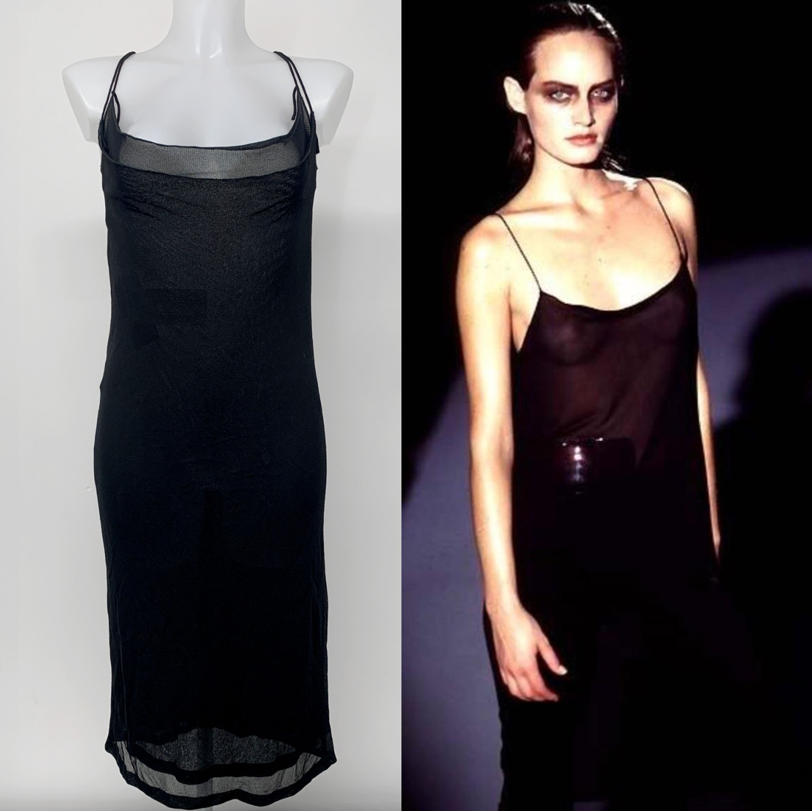 VINTAGE GUCCI TOM FORD 1997 Runway Black Sheer Cowl Neck Dress IT42