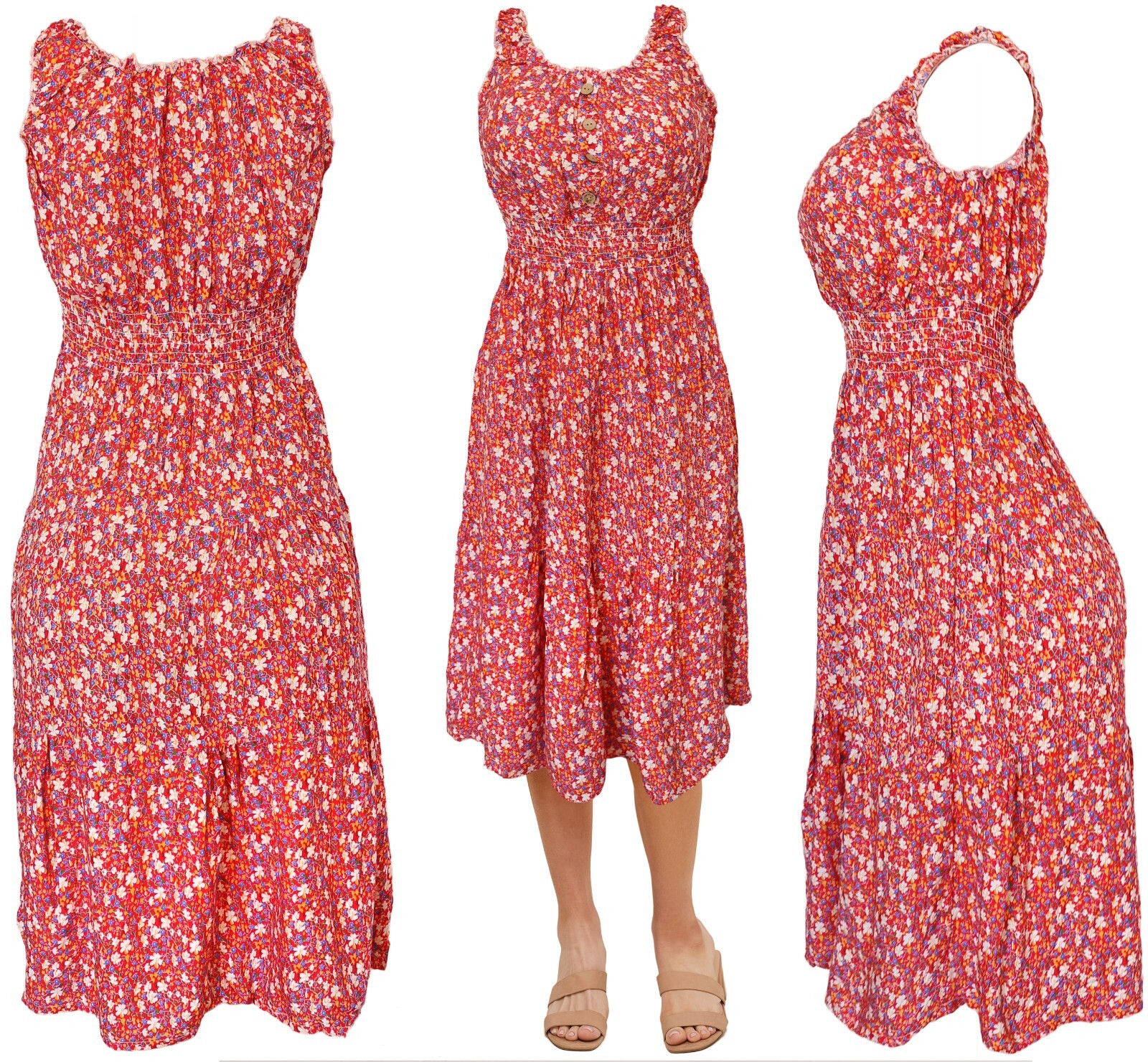 Womens Knee Length Floral Flared Flowy Smocked Summer Sun Dress