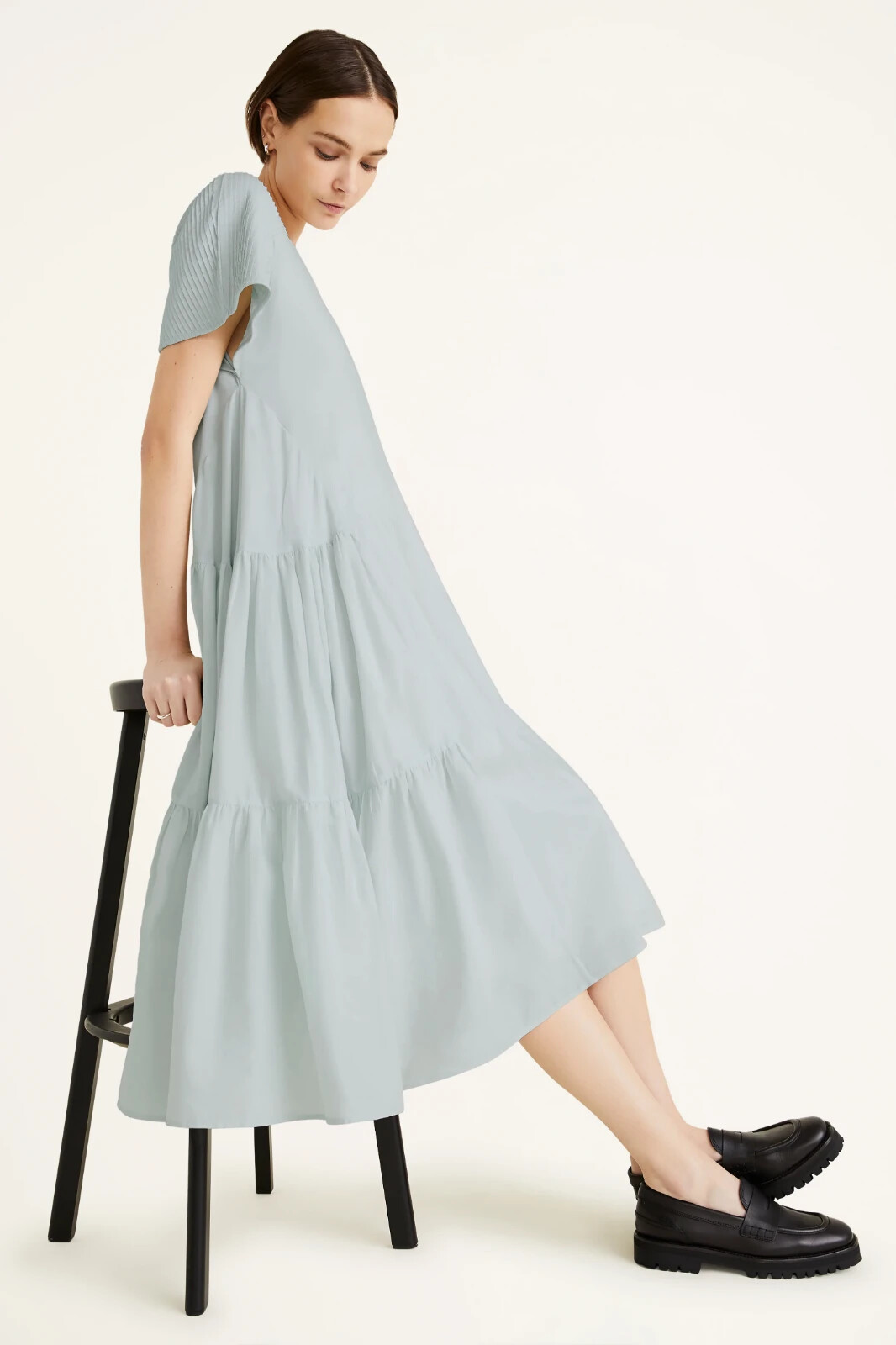 $500 MERLETTE Minne Pintuck Sleeve Tiered Pima Cotton Lawn Dress | Sea Mist | S