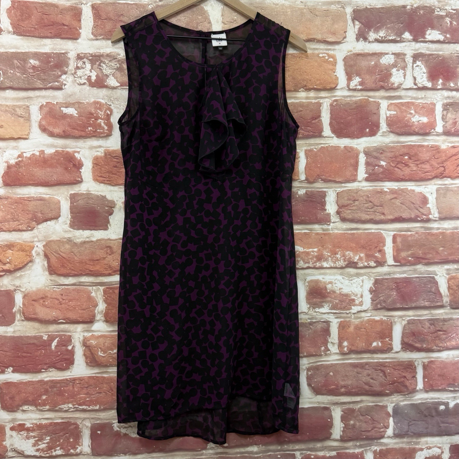Cabi Dress Shell Womens M Purple Black Abstract Ruffle Ultra Sheer Lightweight